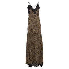 Redemption Women's Brown Silk Leopard Printed Lace-Trimmed Maxi Dres