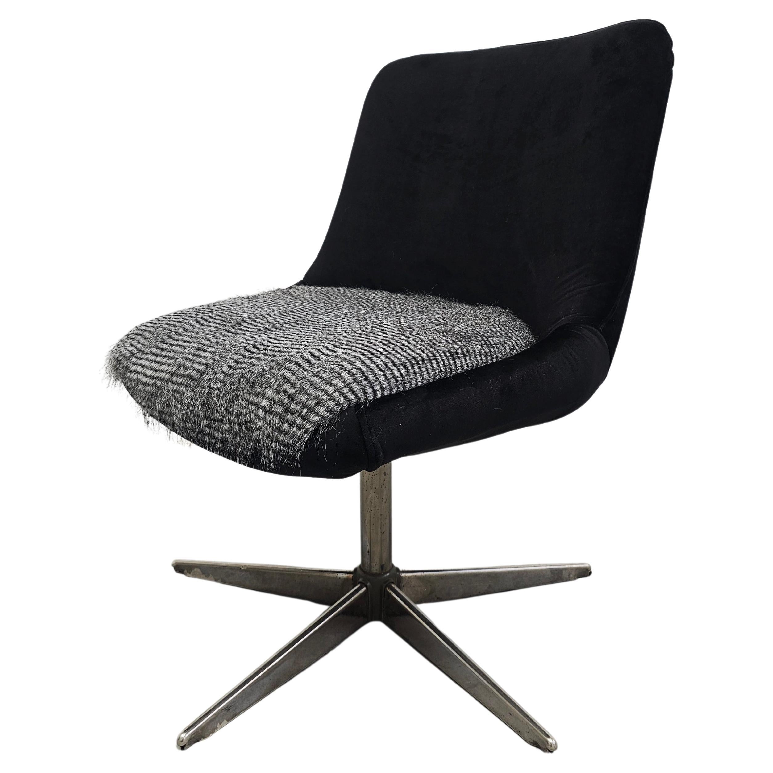 Redesigned Mid Century Swivel Chair reupholstered in black plush and faux fur