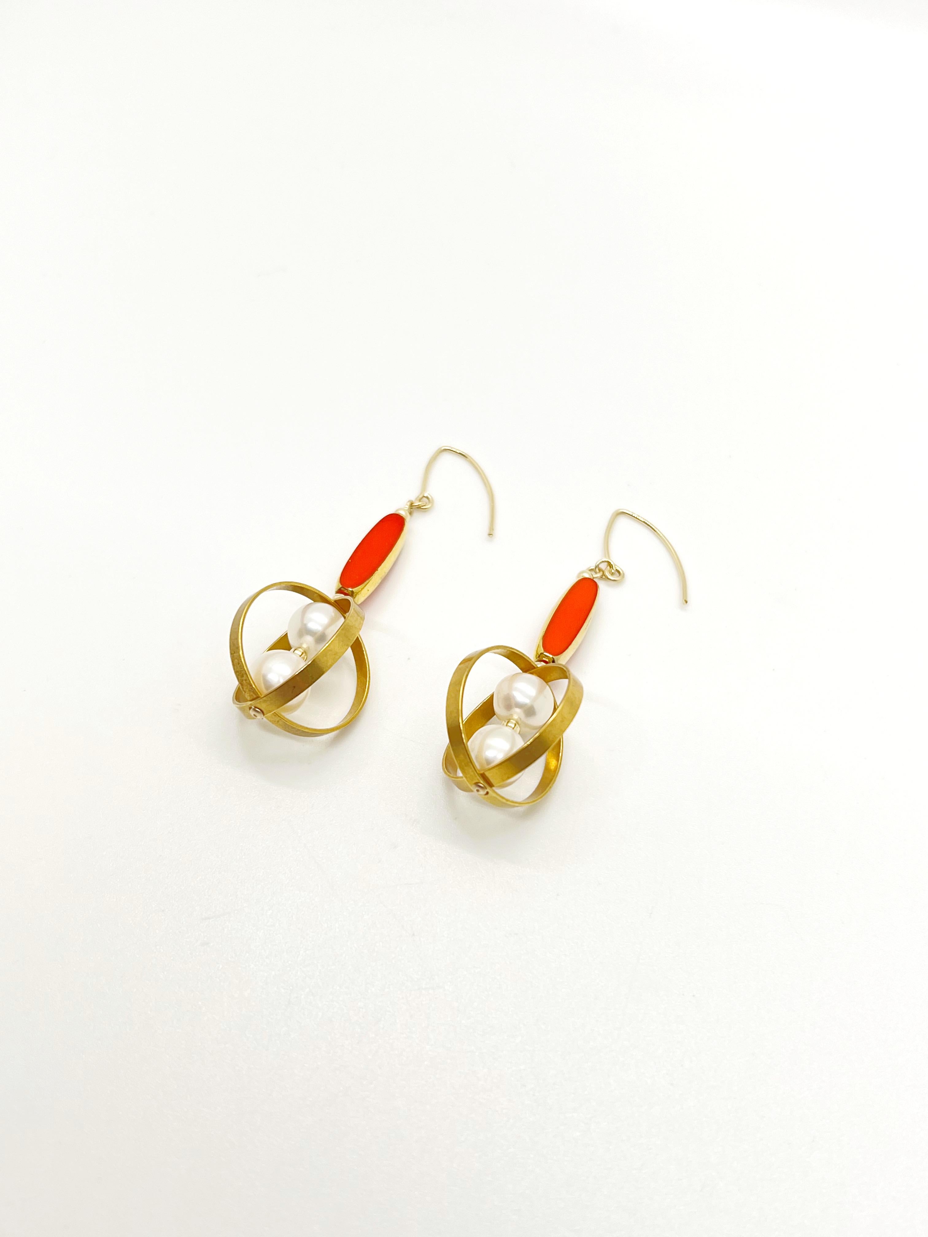 Contemporary Reddish Orange Oblong German Beads  & Orbital Pearl Earrings For Sale