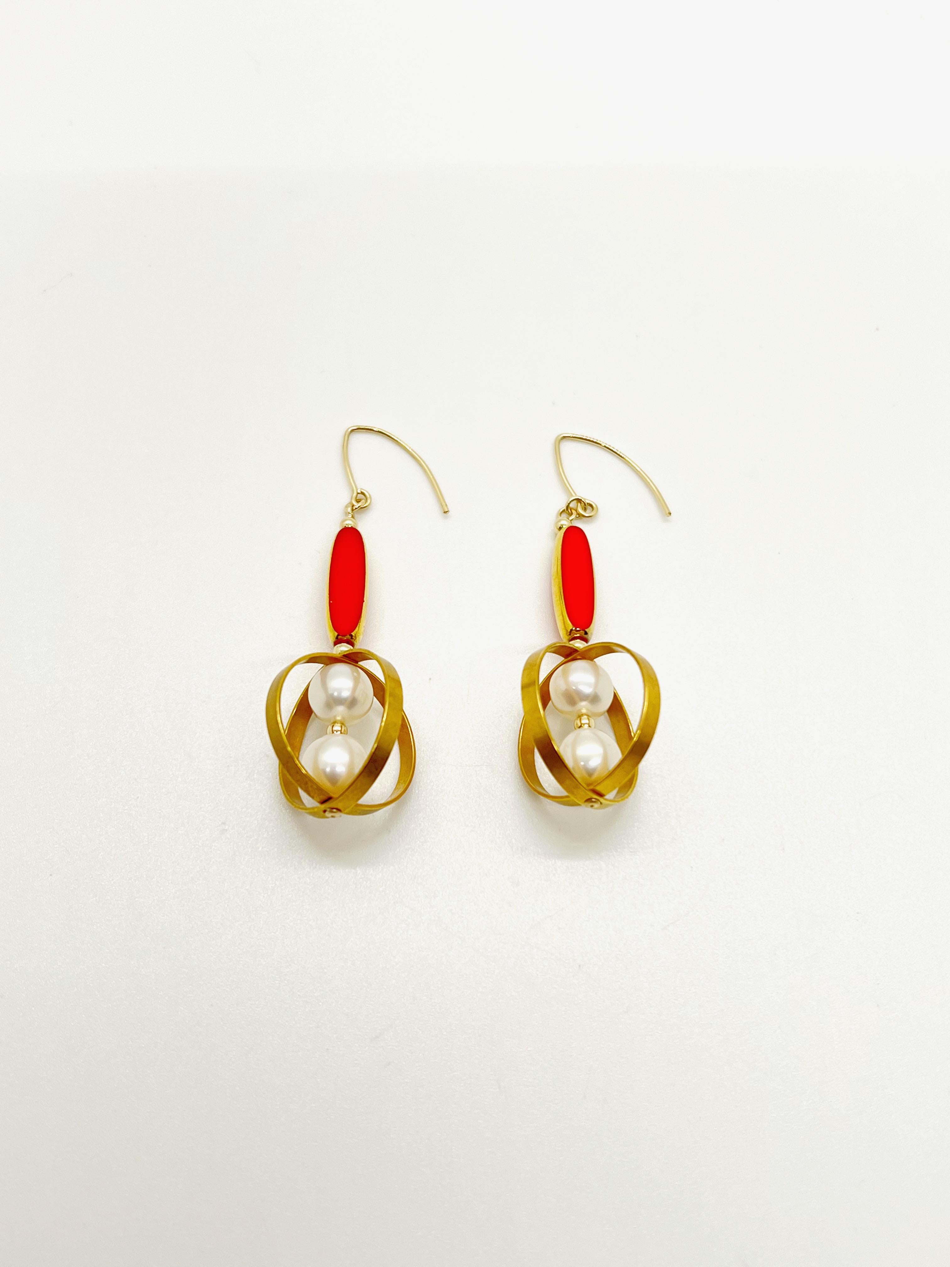 Uncut Reddish Orange Oblong German Beads  & Orbital Pearl Earrings For Sale