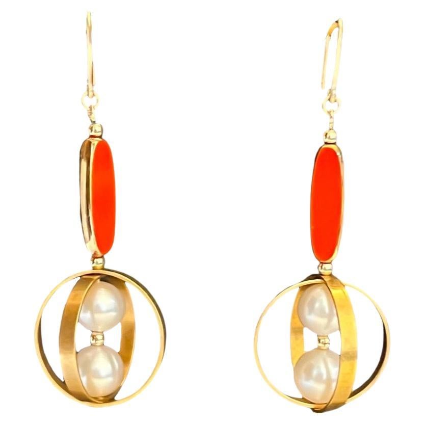 Reddish Orange Oblong German Beads  & Orbital Pearl Earrings For Sale