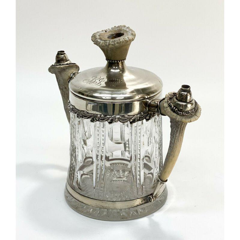 Redlich & Co. Sterling Silver & Cut Glass Antler Twin Handled Jar Cigar Humidor In Good Condition For Sale In Gardena, CA