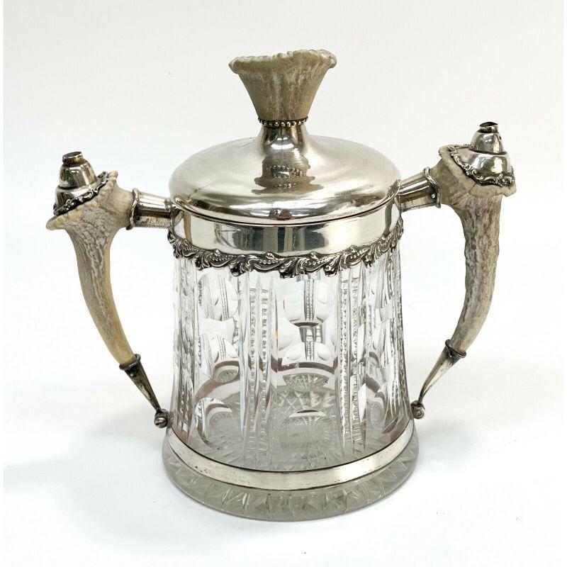 19th Century Redlich & Co. Sterling Silver & Cut Glass Antler Twin Handled Jar Cigar Humidor For Sale