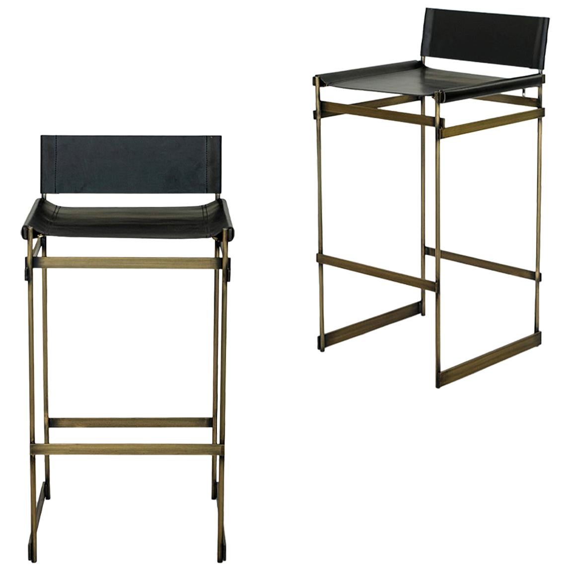 Redo Bar Stool Set Brass and Leather by ATRA For Sale