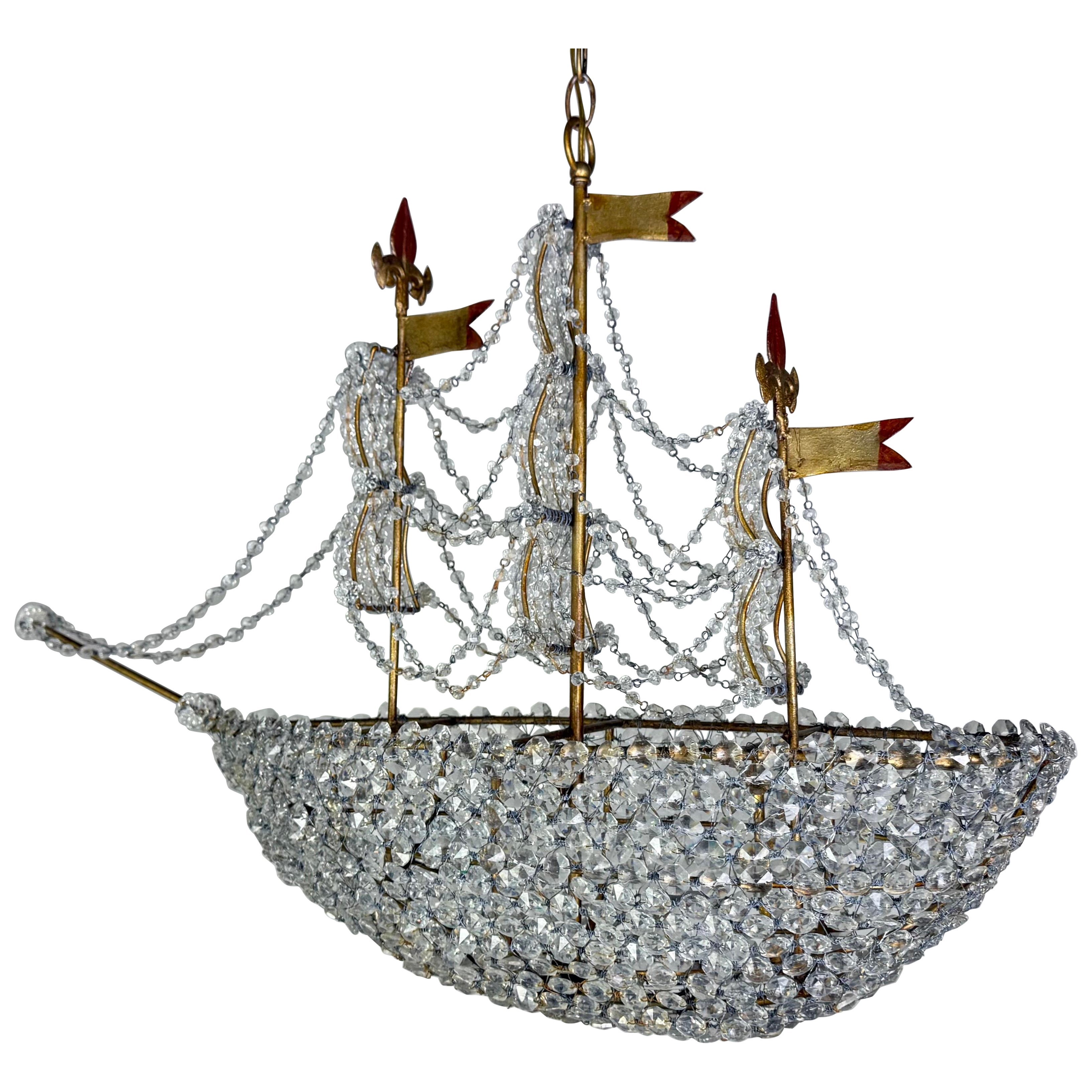 Redondo Ship Chandelier by Miamar Home, Gilded Metal, Crystal Beads For Sale