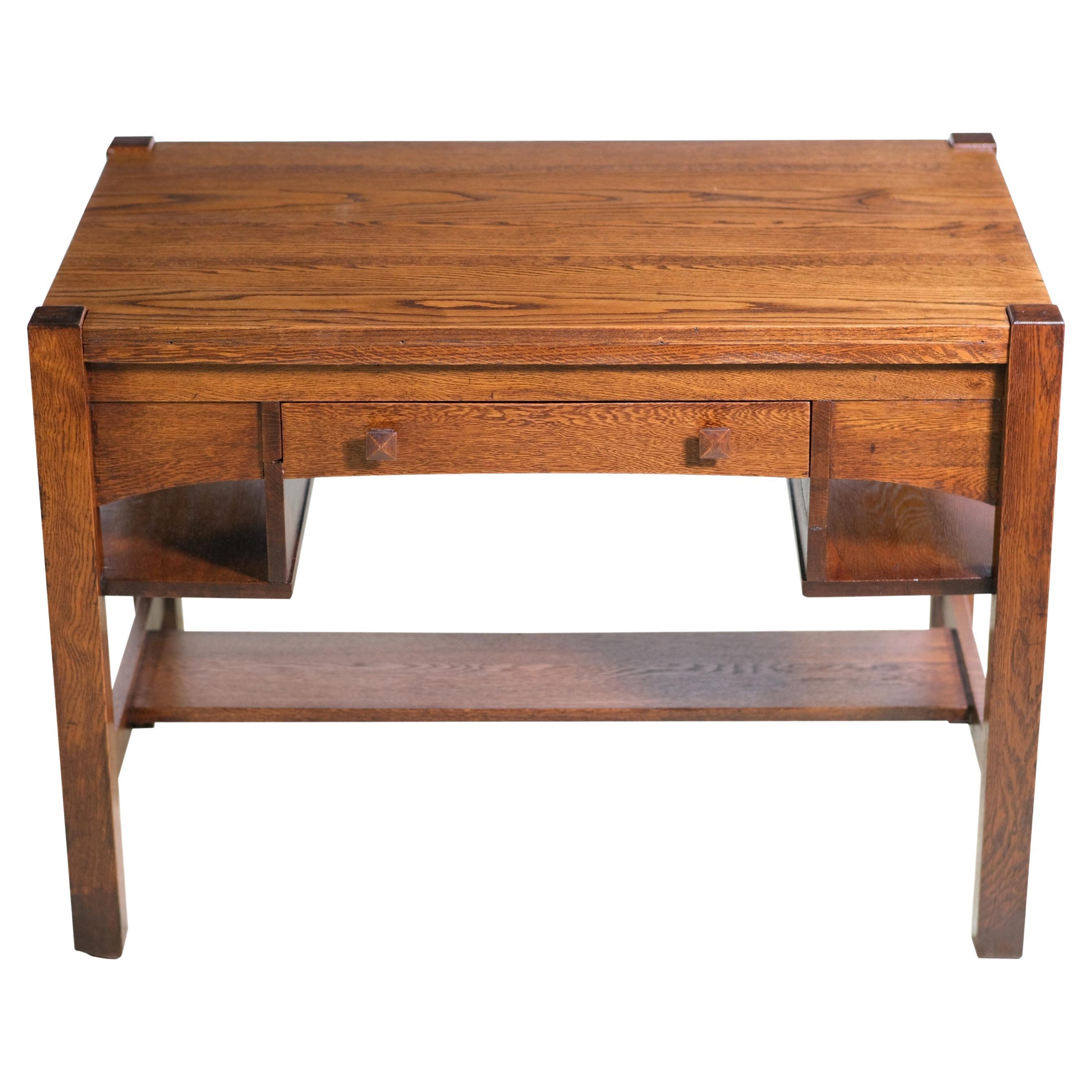 Redone Arts and Crafts Oak Desk w Drawer + Shelves Tiger Oak For Sale