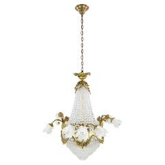 Brass Crystal 9 Arm Floral Chandelier Ruffled Glass Shades
