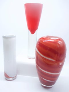 Red Orange and White Murano Venetian  MCM Glass Vase Style of Barbini circa 1970