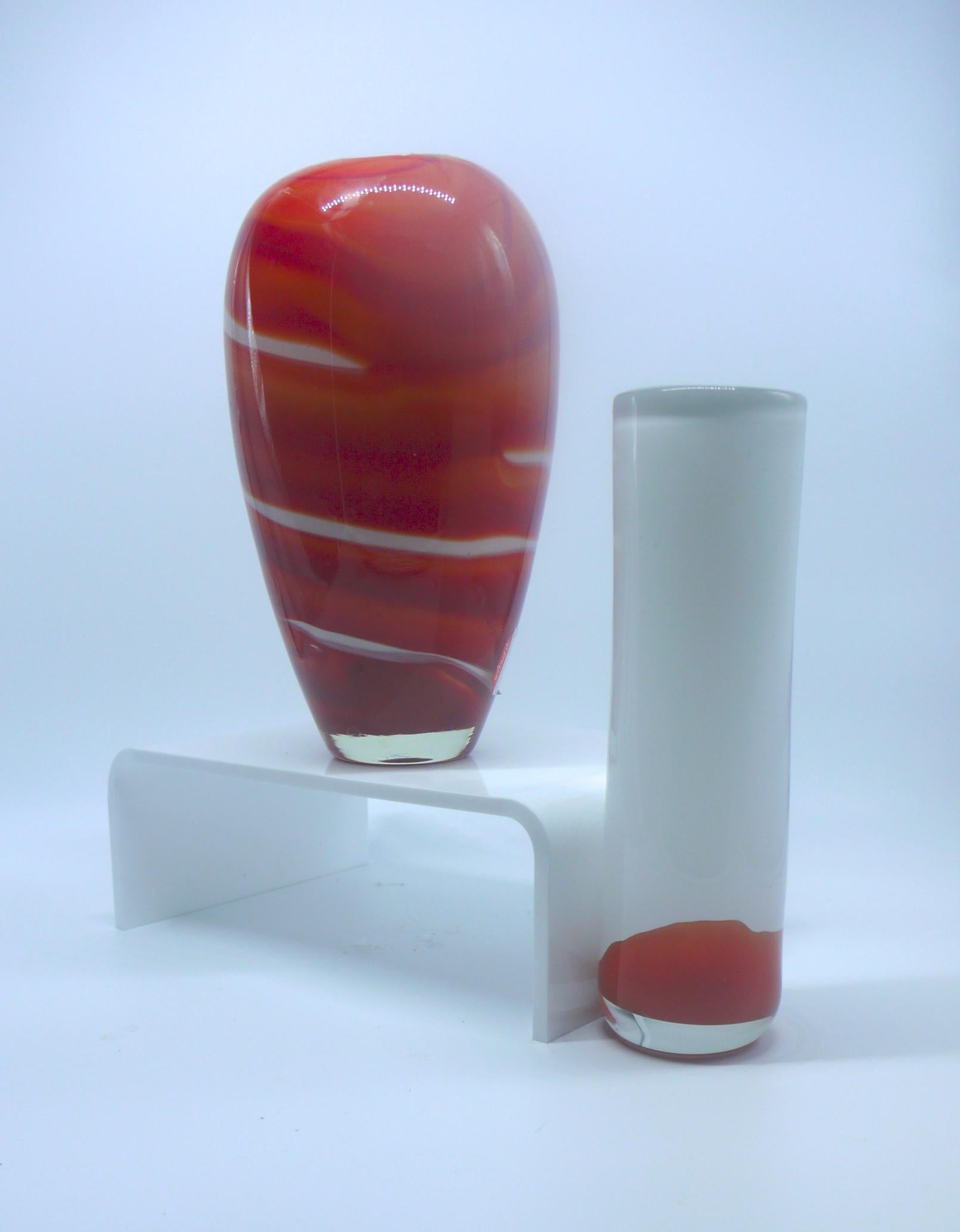 Italian Red Orange and White Murano Venetian  MCM Glass Vase Style of Barbini circa 1970 For Sale