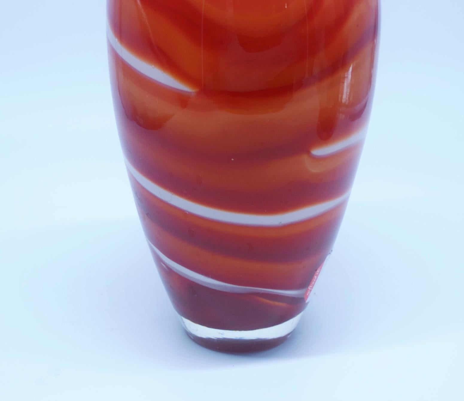 Murano Glass Red Orange and White Murano Venetian  MCM Glass Vase Style of Barbini circa 1970 For Sale