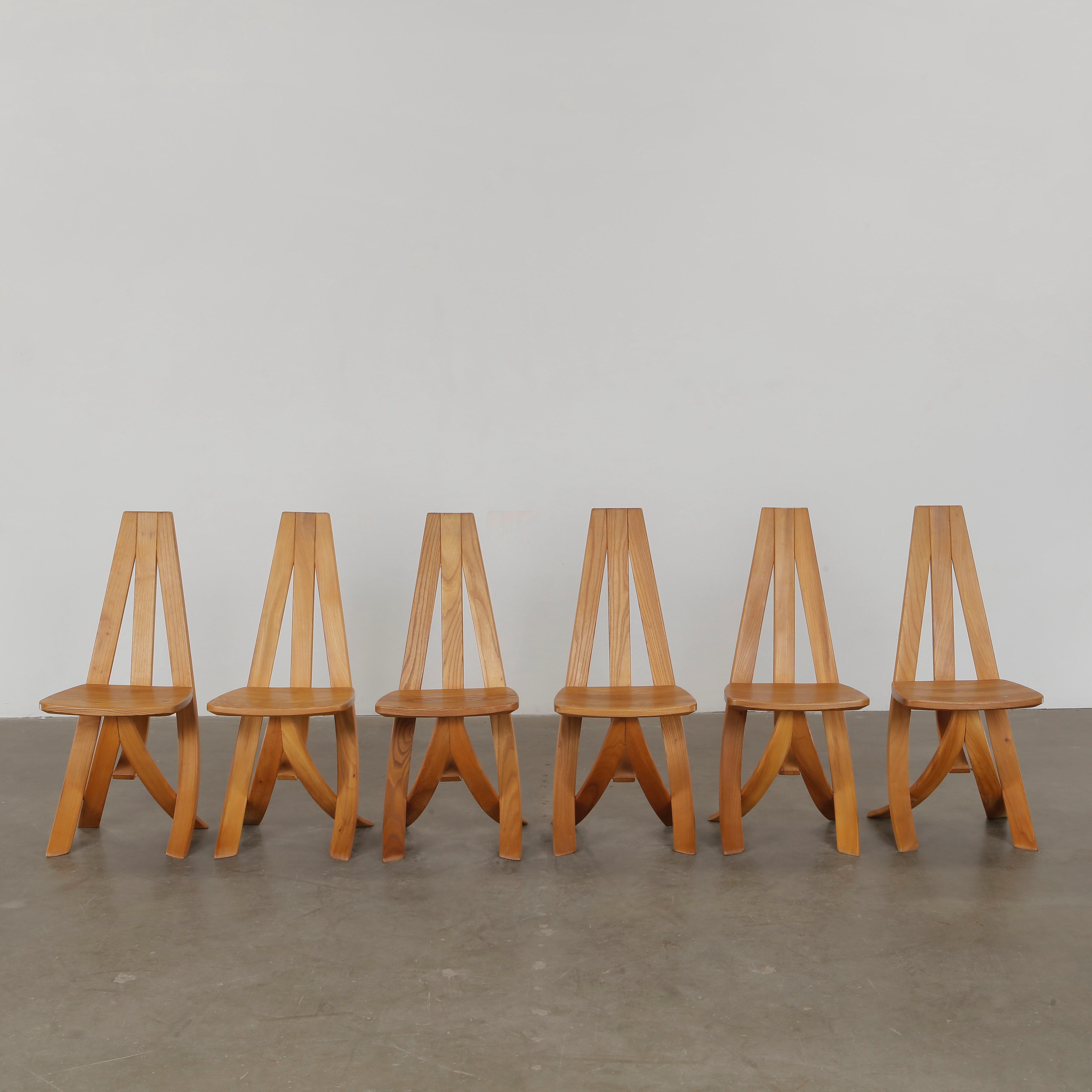Mid-Century moderno Redureau for Seltz, Set of Six Wood Chairs, 1970s in vendita