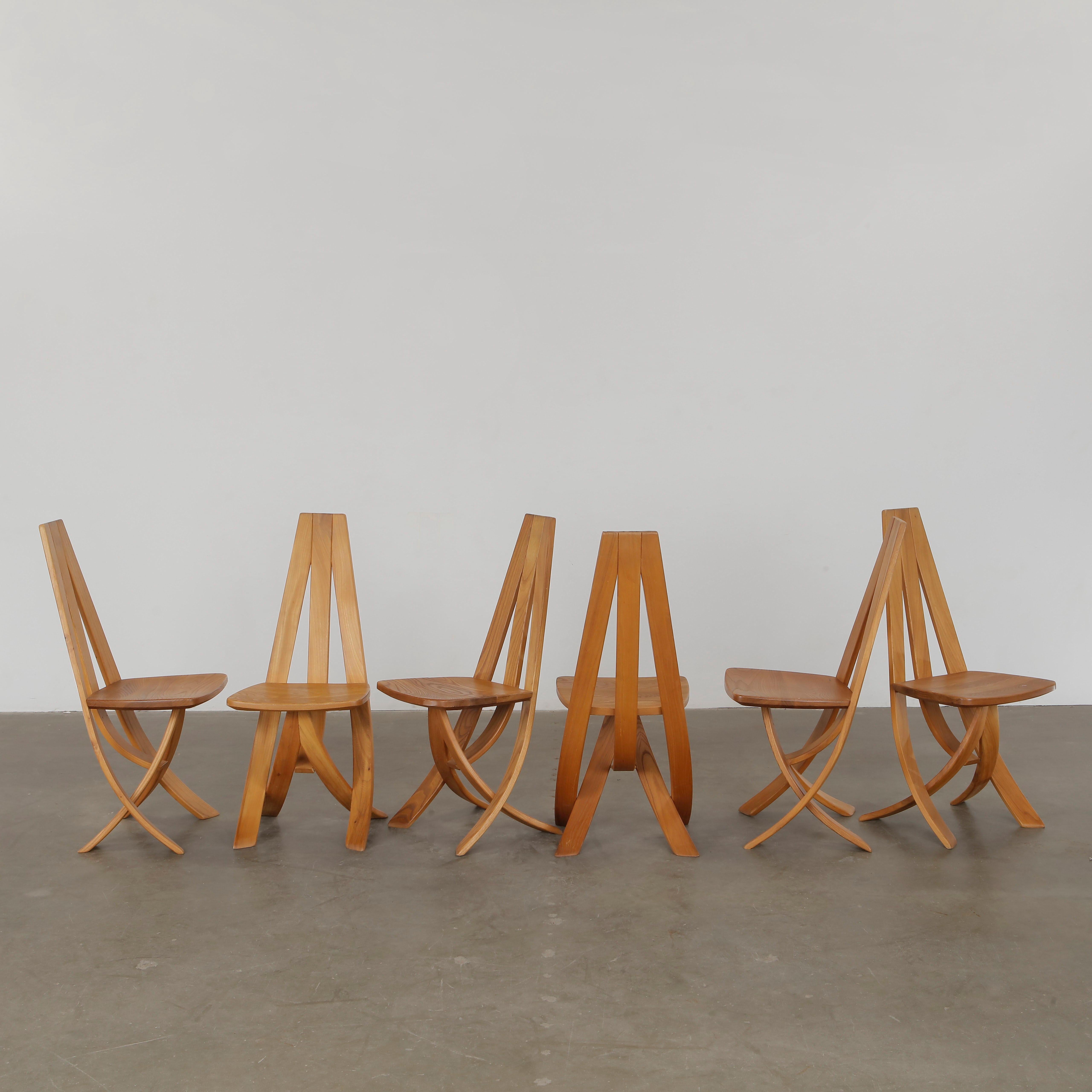 Francese Redureau for Seltz, Set of Six Wood Chairs, 1970s in vendita