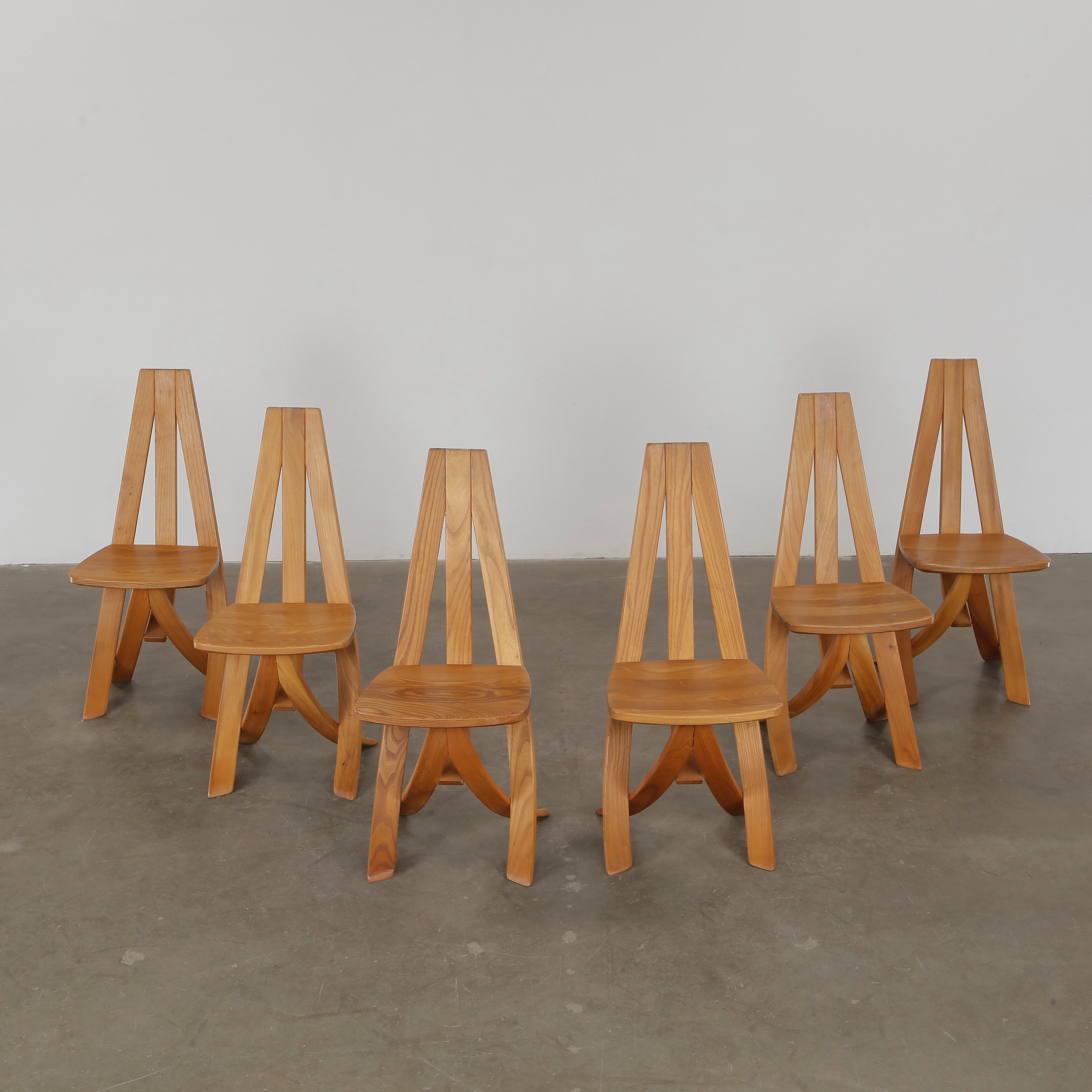 Redureau for Seltz, Set of Six Wood Chairs, 1970s In condizioni buone in vendita a Gardena, CA
