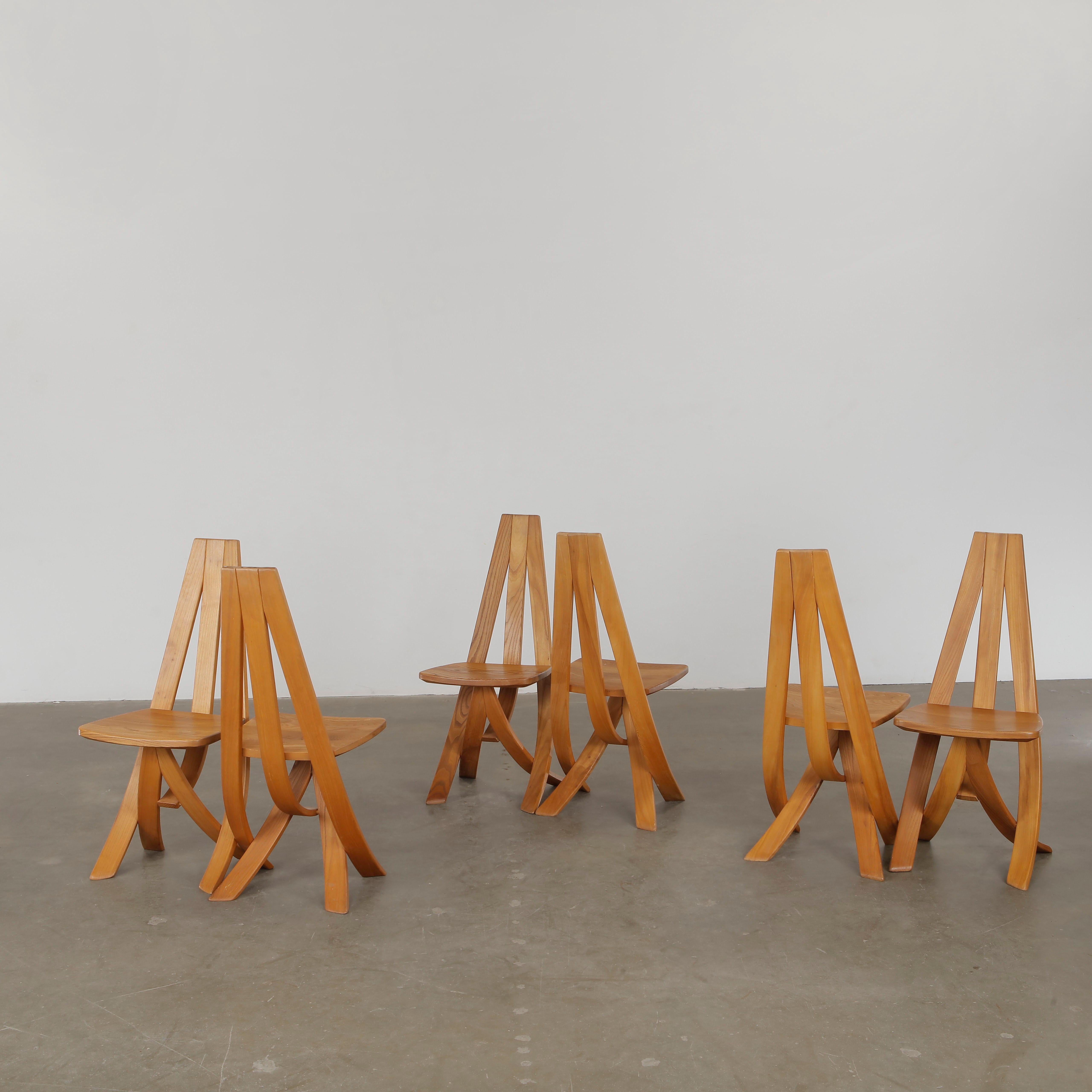 Fine XX secolo Redureau for Seltz, Set of Six Wood Chairs, 1970s in vendita