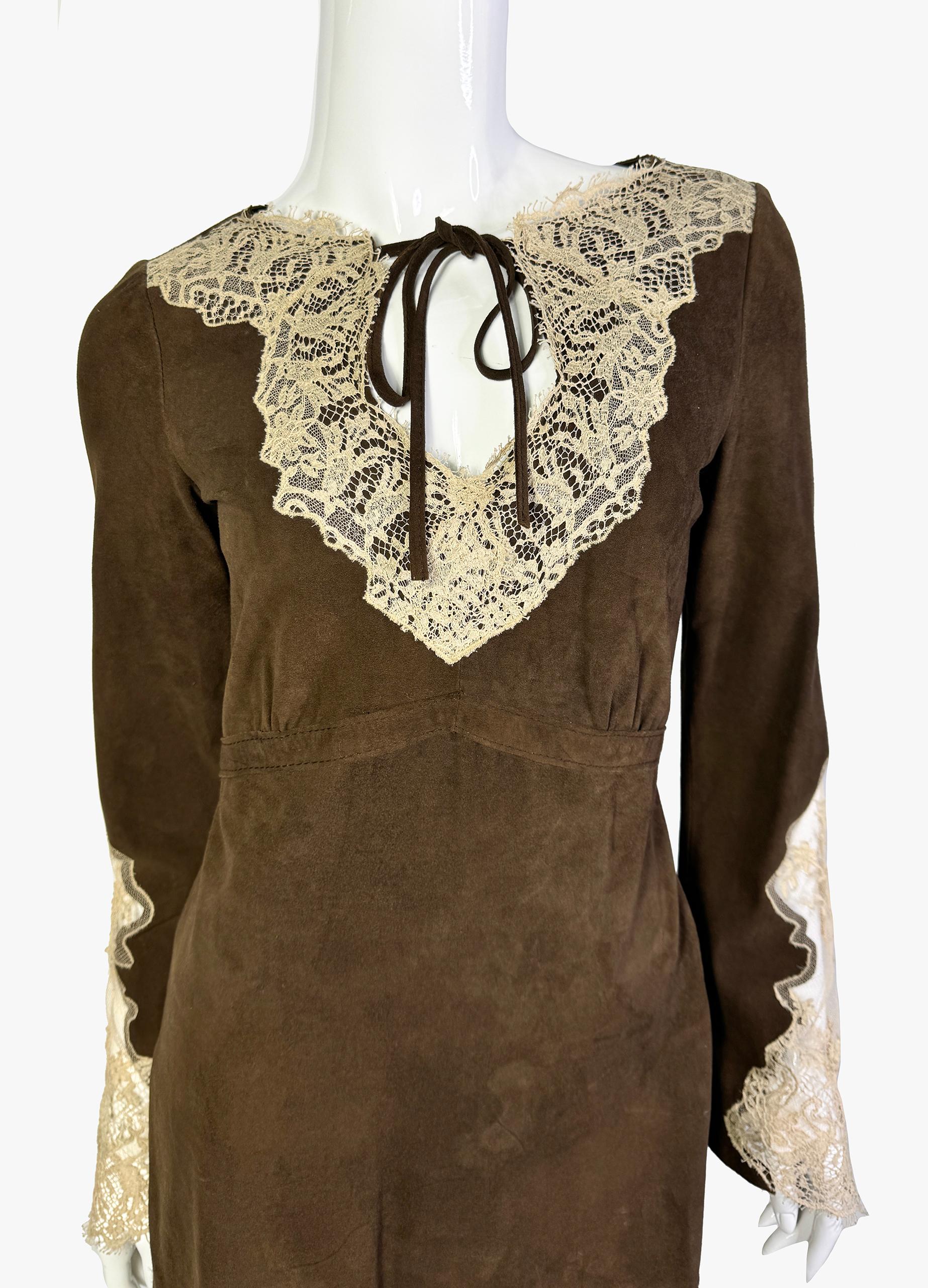Black REDValentino mini boho brown suede lace dress For Sale