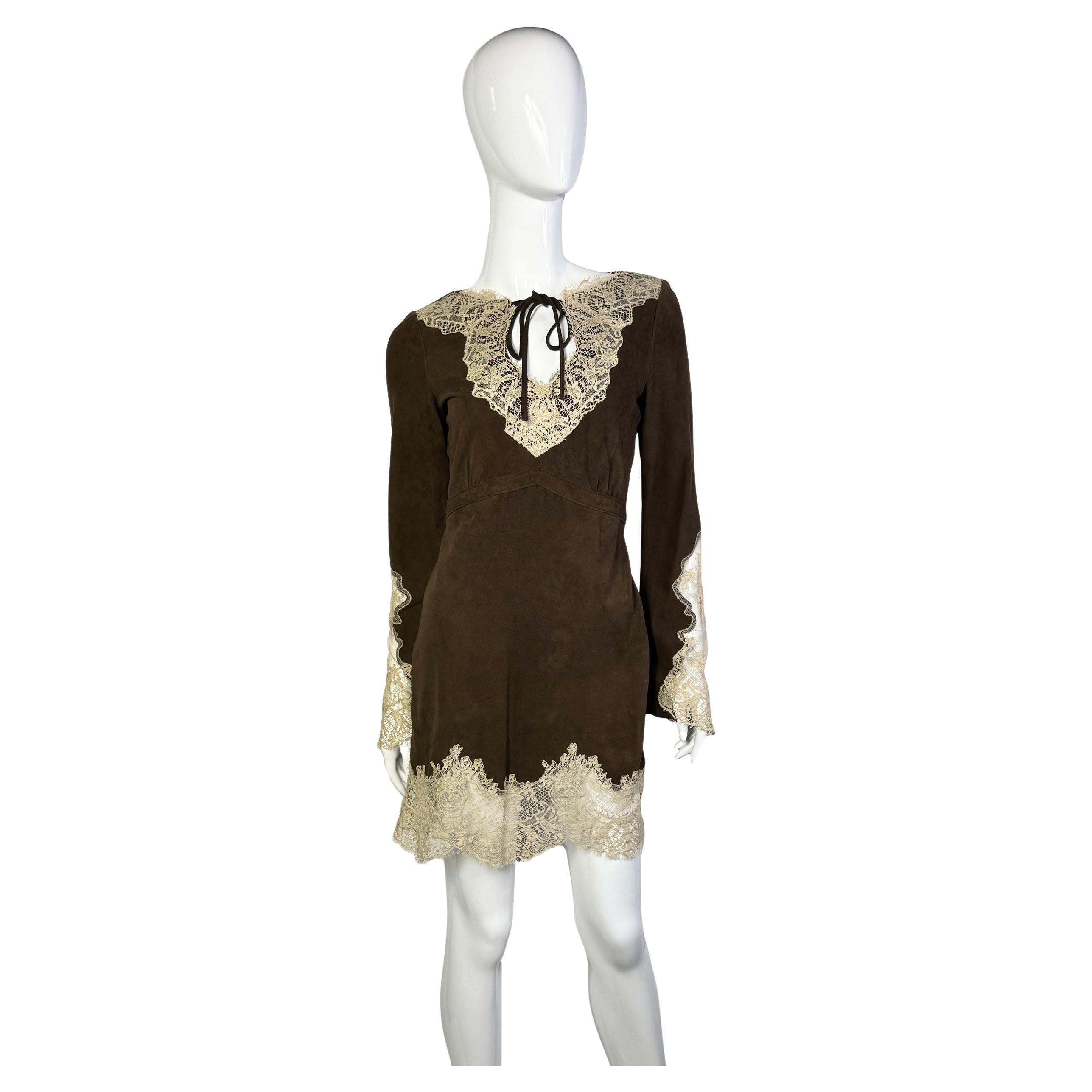 REDValentino mini boho brown suede lace dress For Sale