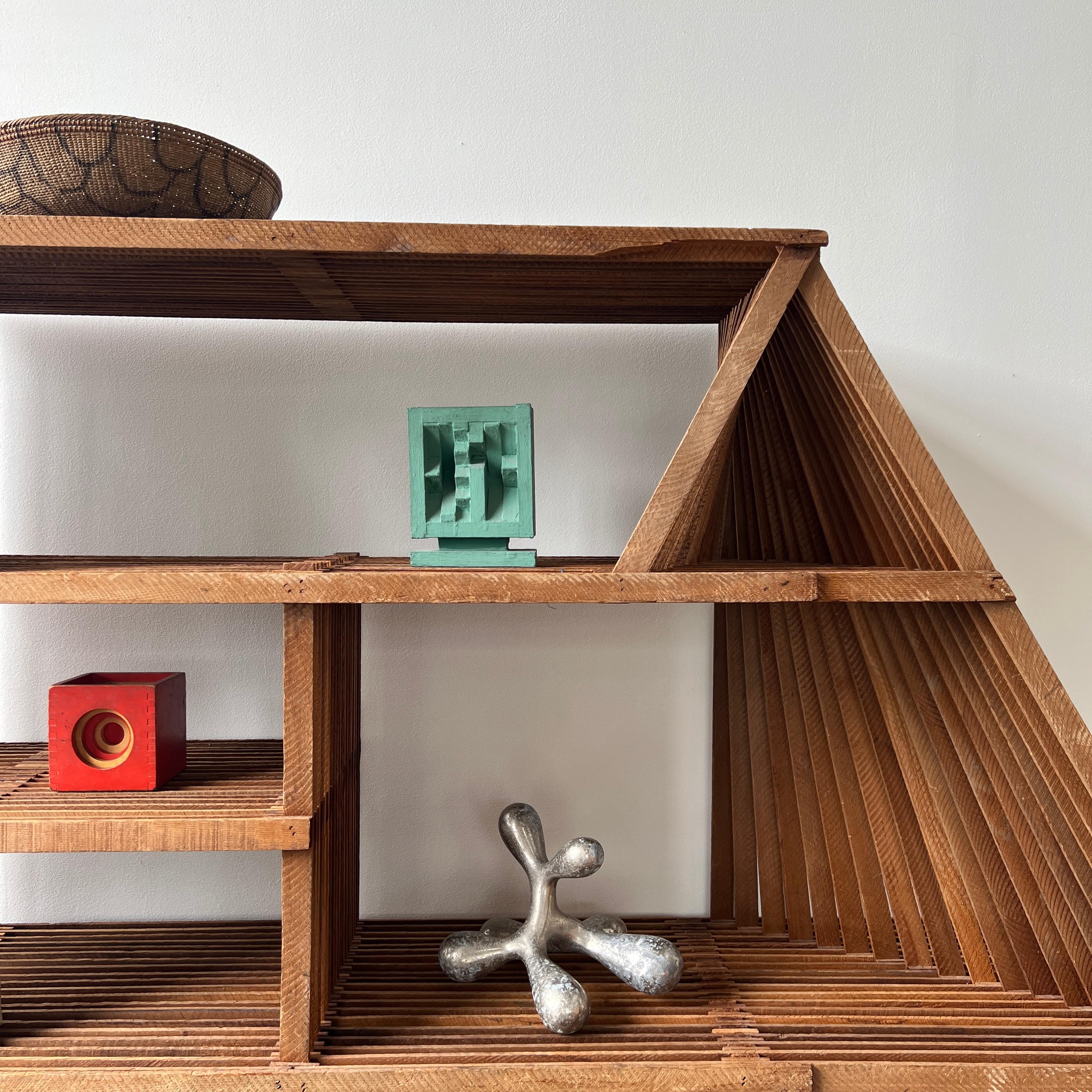 Redwood Geometric Slat Bookcase, Circa 1970's In Good Condition For Sale In Los Angeles, CA