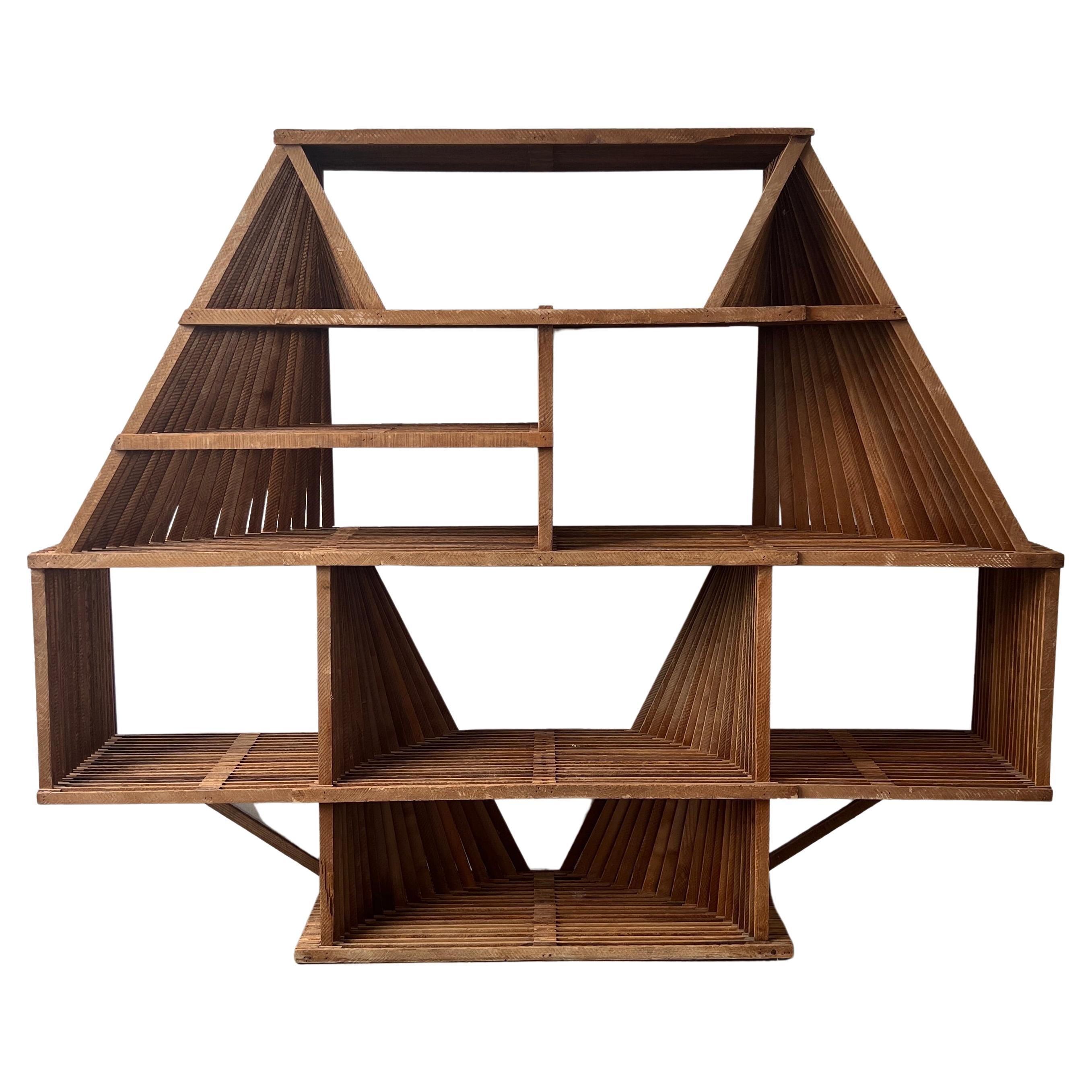 Redwood Geometric Slat Bookcase, Circa 1970's