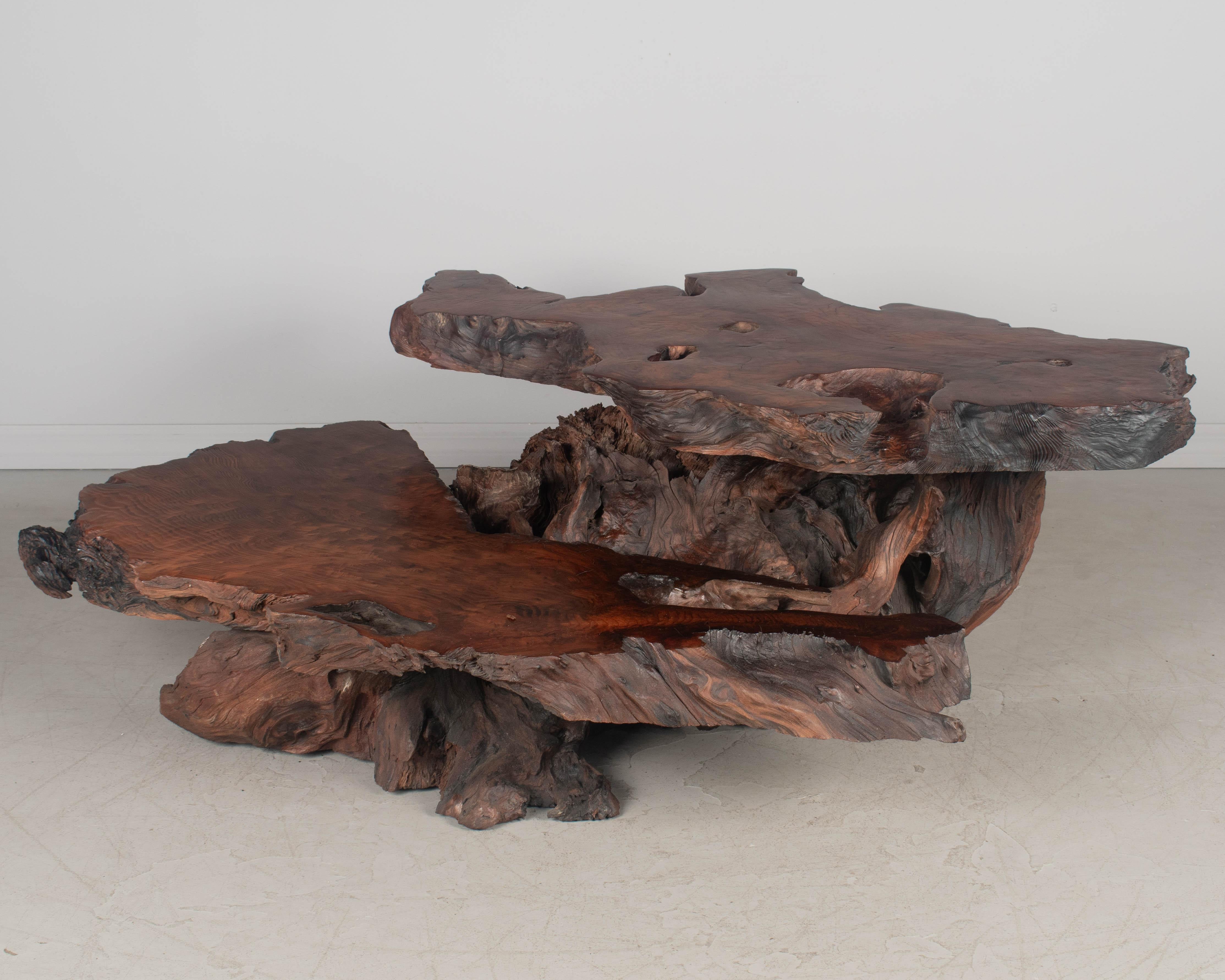 A rustic Mid Century American redwood tiered coffee table with natural root base and two live edge planks with planed and polished surface. Interesting sculptural form. Tabletop planks are held in place with several bolts and will be removed for