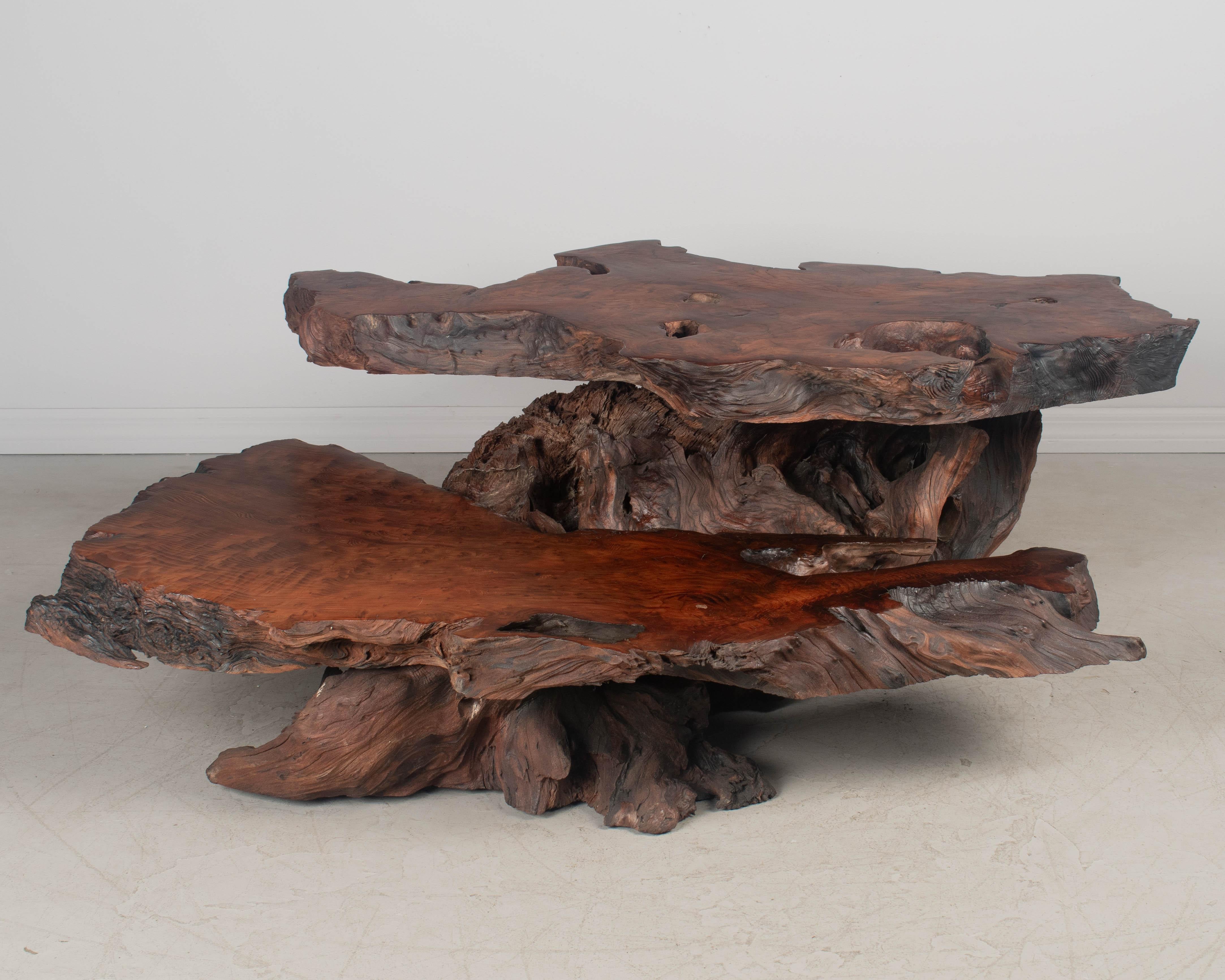Rustic Redwood Live Edge Tiered Coffee Table For Sale