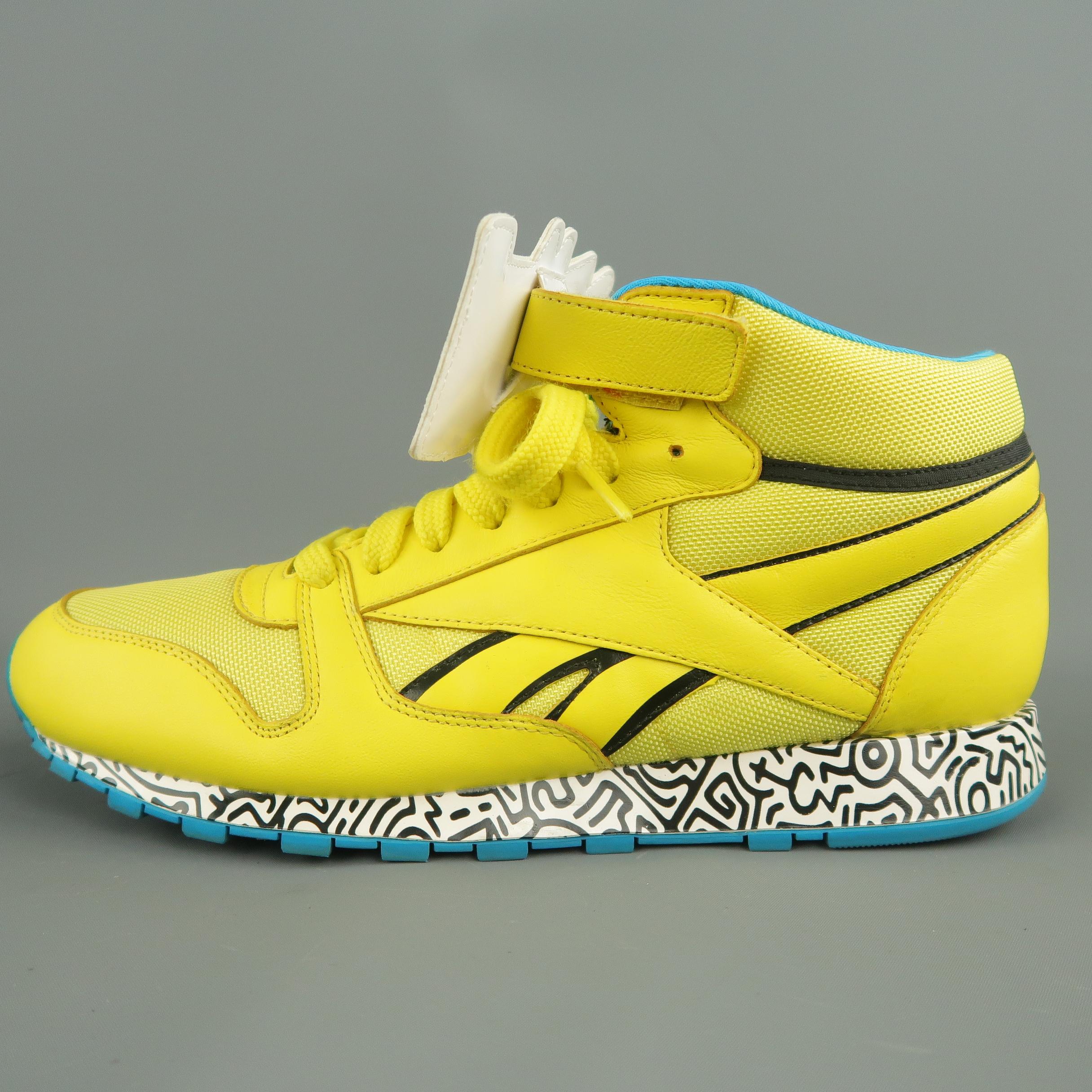 REEBOK X KEITH HARING 10 Aqua & Yellow Dog Velcro Trainer Sneakers In Excellent Condition In San Francisco, CA