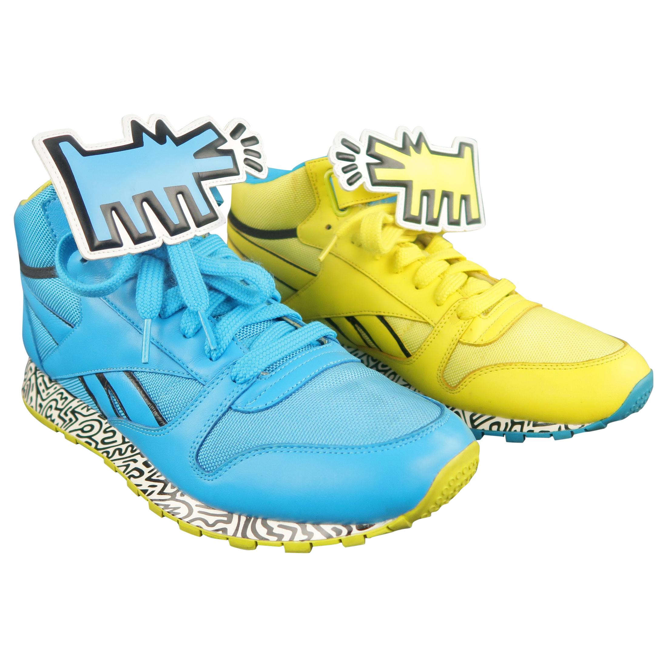 REEBOK X KEITH HARING 10 Aqua & Yellow Dog Velcro Trainer Sneakers
