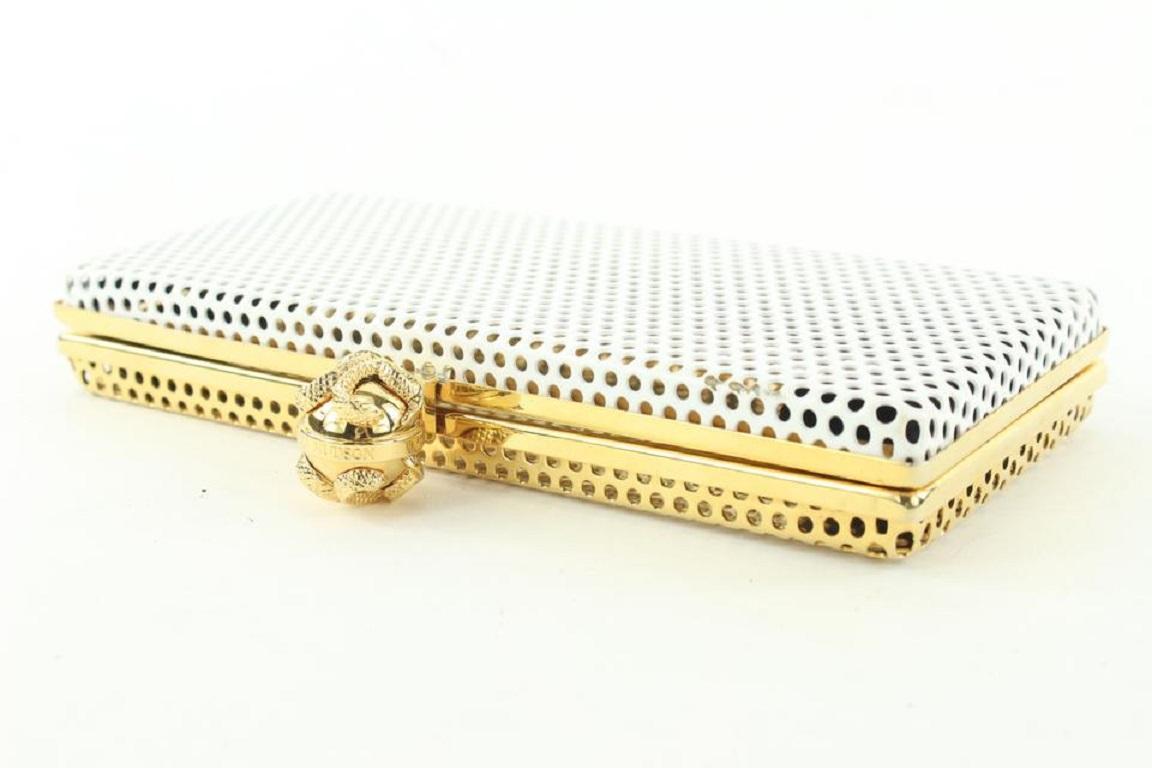 Brown Reece Hudson Gold x White Perforated Metal Kisslock Minaudiere Clutch Bag For Sale
