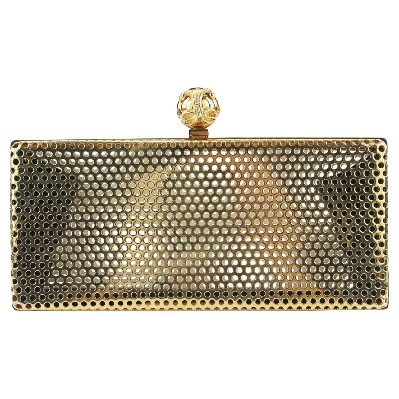 Reece Hudson Gold x White Perforated Metal Kisslock Minaudiere Clutch Bag For Sale