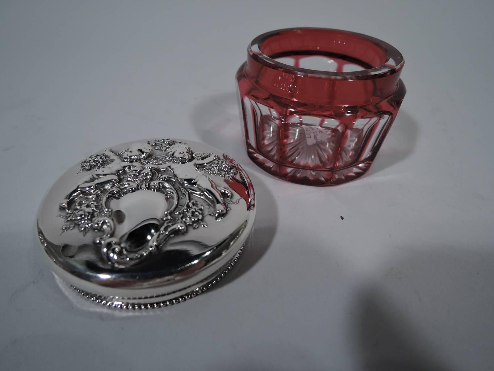 Reed & Barton Art Nouveau Sterling Silver and Red Glass Vanity Jar In Excellent Condition In New York, NY