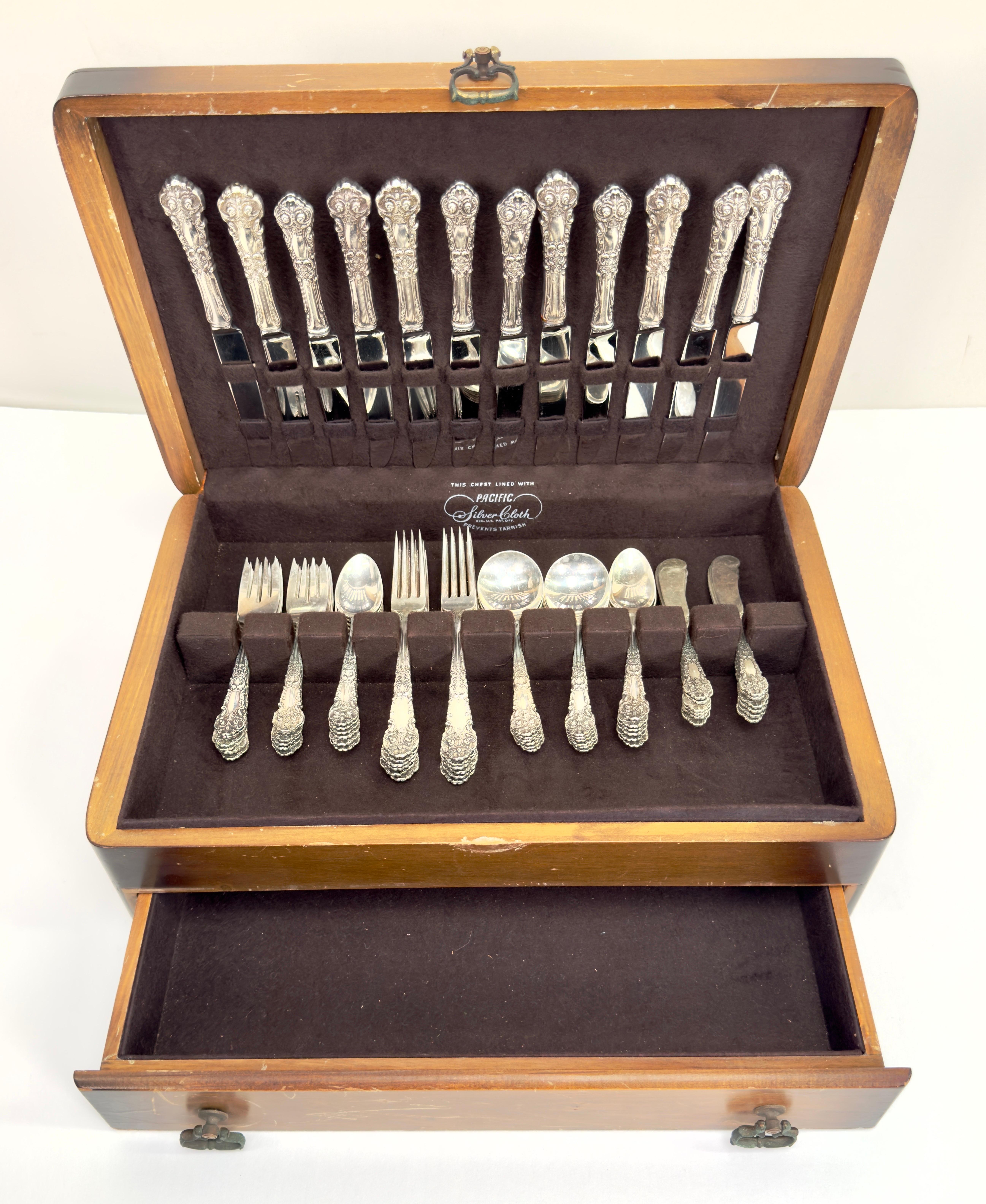 Art Nouveau Reed & Barton sterling silver flatware  set in the celebrated Francis I pattern featuring exquisite floral motifs.  The rare and exceptional dinner flatware set is consisting of 72 pieces : 

- 12 Salad Forks measuring 6” in length
- 12