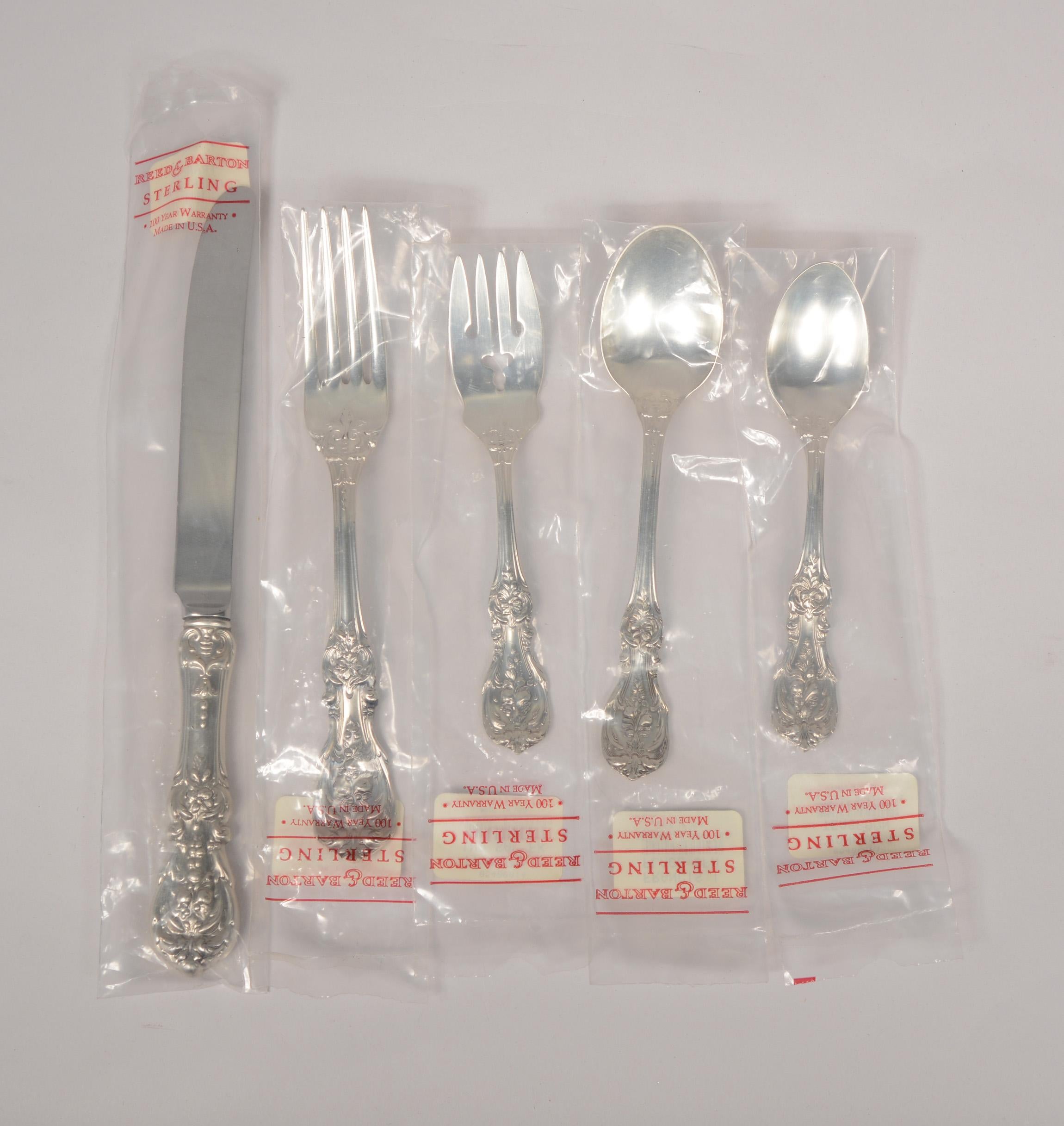 Reed & Barton Francis I service for eight. There are five pieces for each setting. These are sterling silver. Almost all are unused in the original packaging. The only pieces that have been used are one teaspoon, the butter knife and the sugar