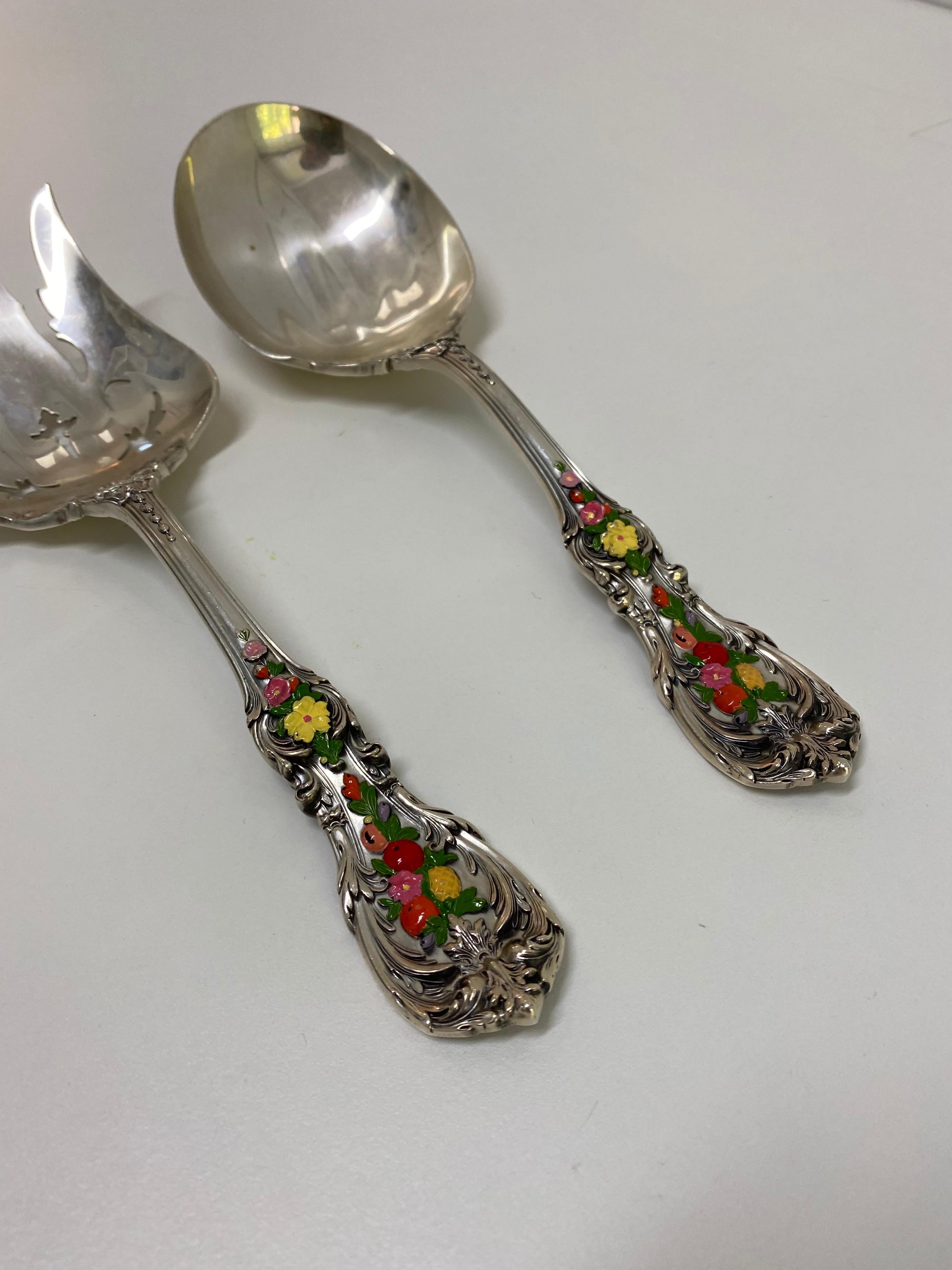 Reed and Barton Francis I sterling silver and enamel salad set. Fork measures 9.5