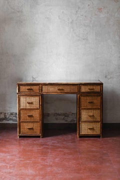 Reed and wicker desk with glass shelf and drawers, Italy 1980