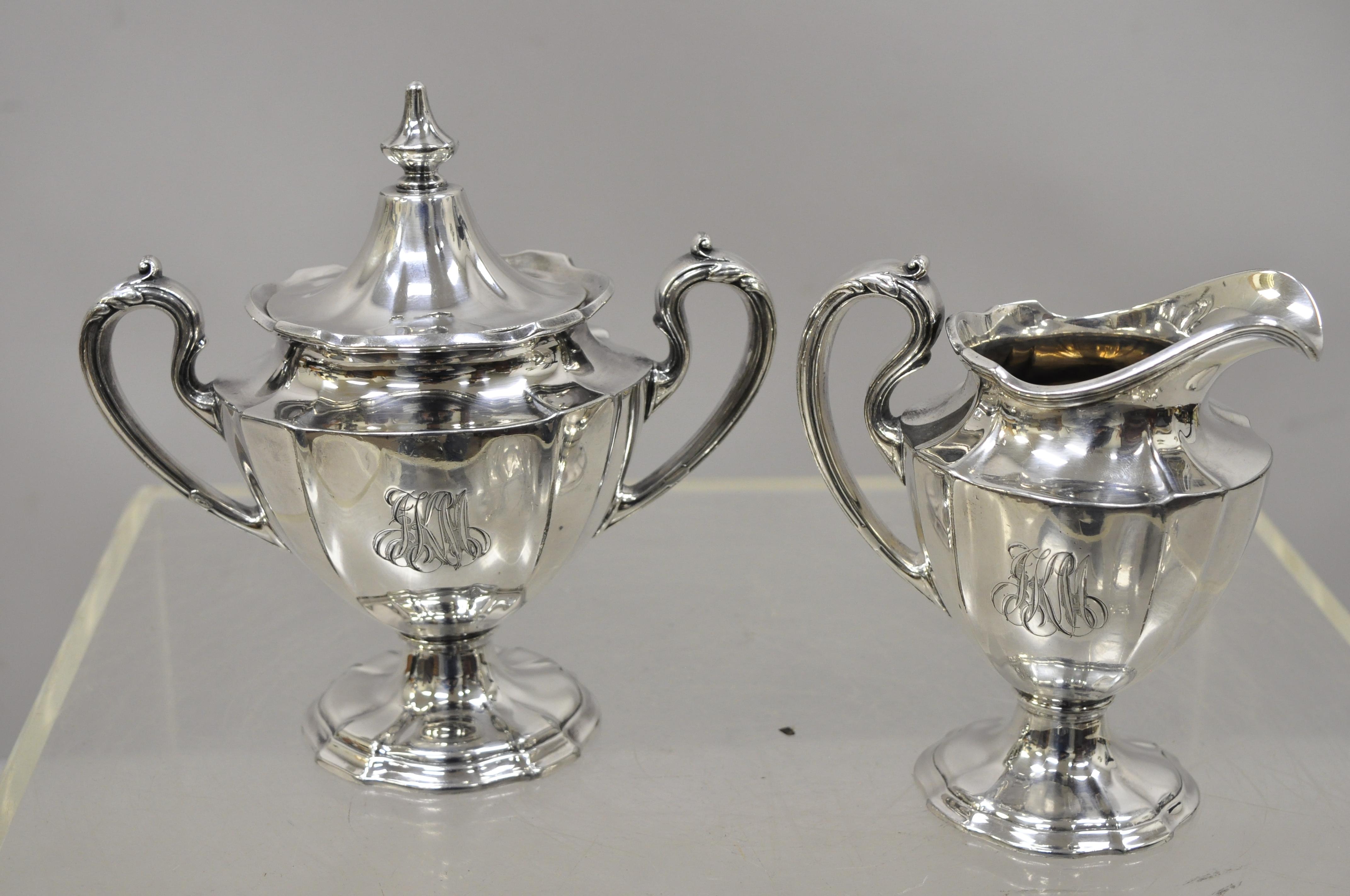 Reed & Barton 3890 silver plate tea coffee creamer service set of 4 pieces. Set includes (1) coffee pot, (1) tea pot, (1) creamer, (1) sugar bowl with lid, original stamp, very nice antique item, quality craftsmanship, circa early 1900s.