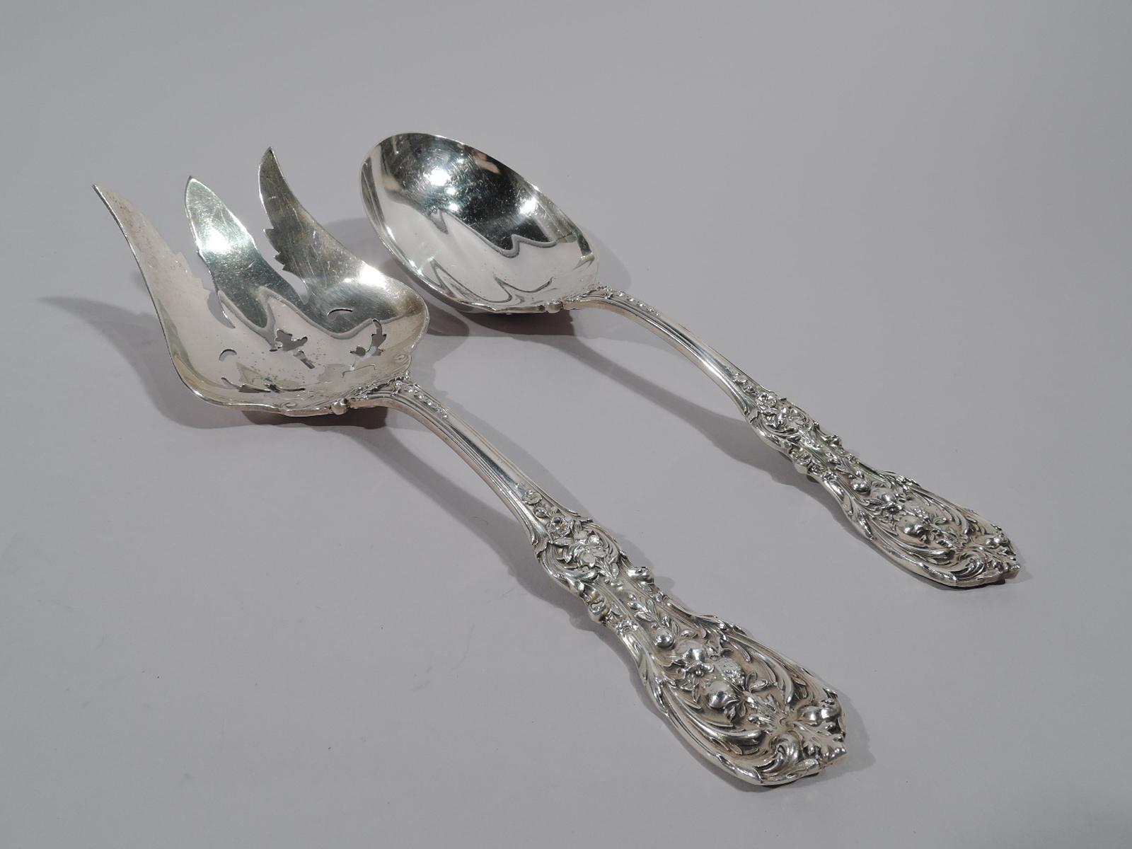 Sterling silver flatware set in Francis I pattern. Made by Reed & Barton in Taunton, Mass.

This set comprises 80 pieces (dimensions in inches): Forks: 10 regular forks (7 1/4) and 11 salad forks (6 1/8); Spoons: 11 teaspoons (6), 11 cream soup