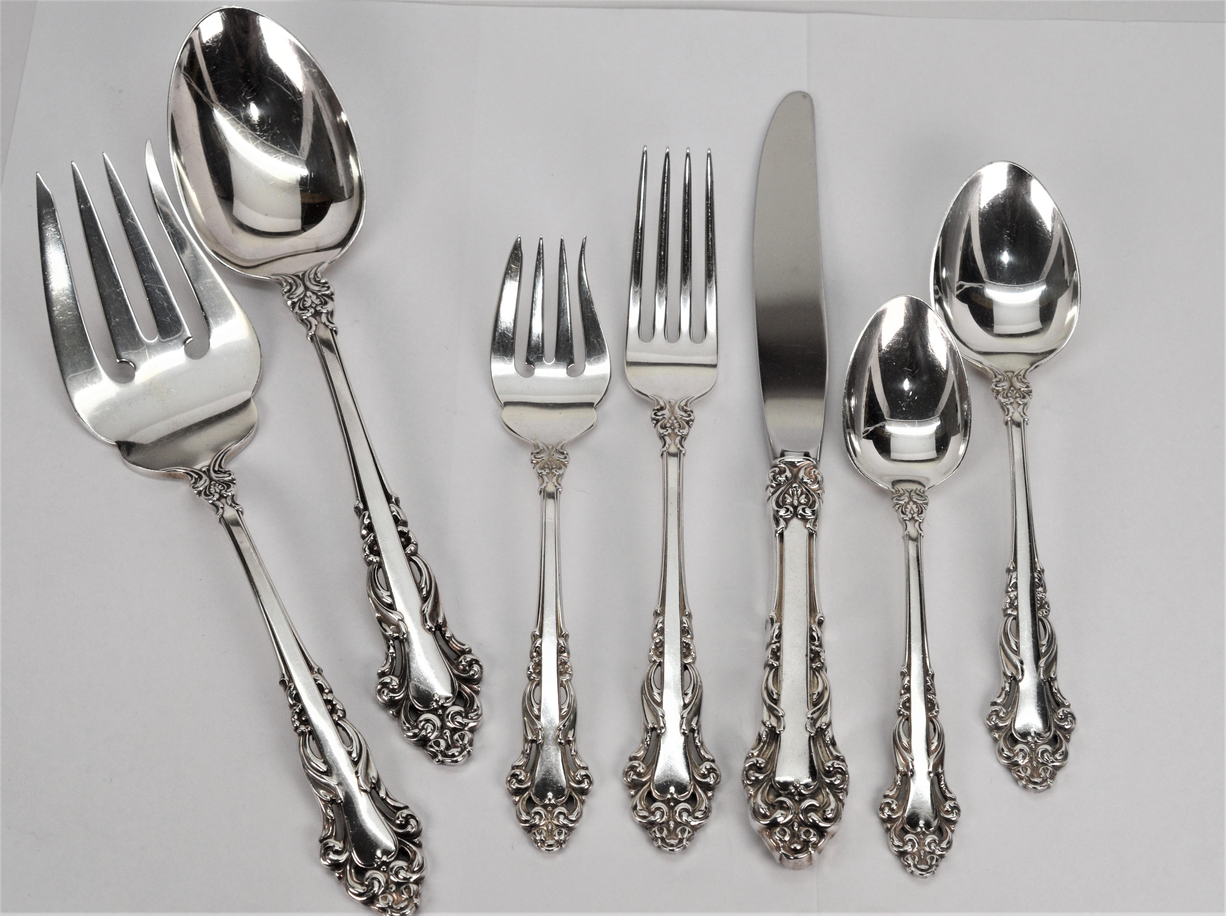 Set an elegant table with this Sterling Silver Flatware 5 Piece Place Setting for Twelve in Reed & Barton's Grande Renaissance Pattern. Matching bonus serving fork and serving spoon included. As per maker stamp on knife blade  