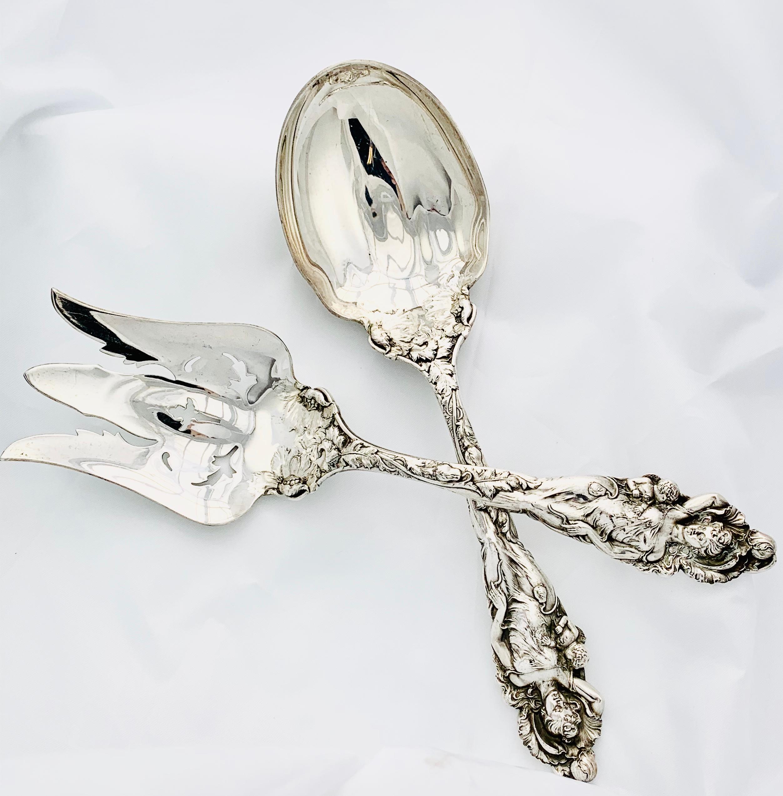 Gorgeous and Rare reed & Barton Sterling Silver Salad Set! This is the Love Disarmed Pattern with a Salad fork and Spoon that each measures 11 inches long. The set weighs 483.9 grams. This is a stunning set in beautiful condition! Gorgeous detail.