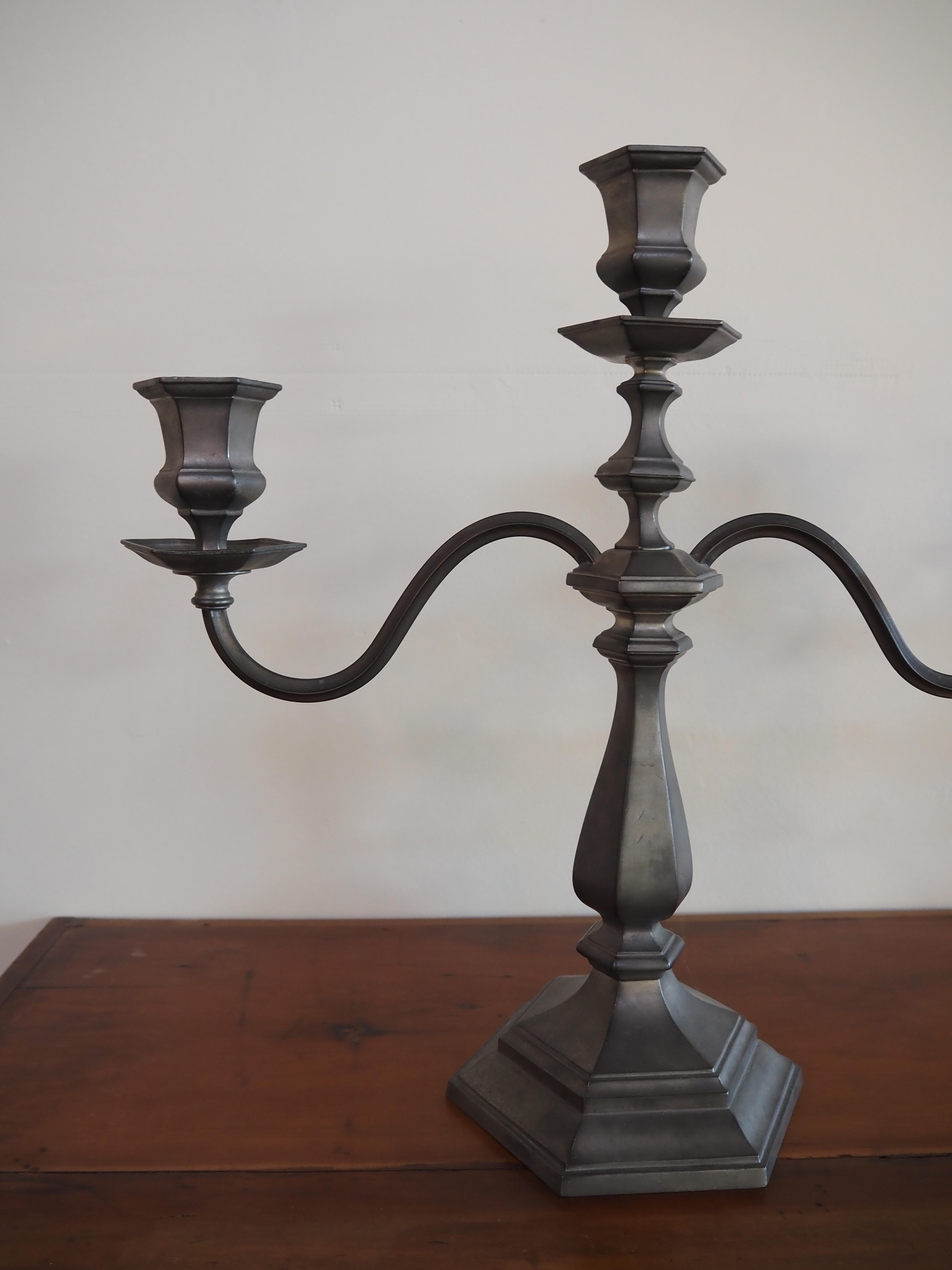 American Reed & Barton Pewter 3 Arm Candelabras For Sale