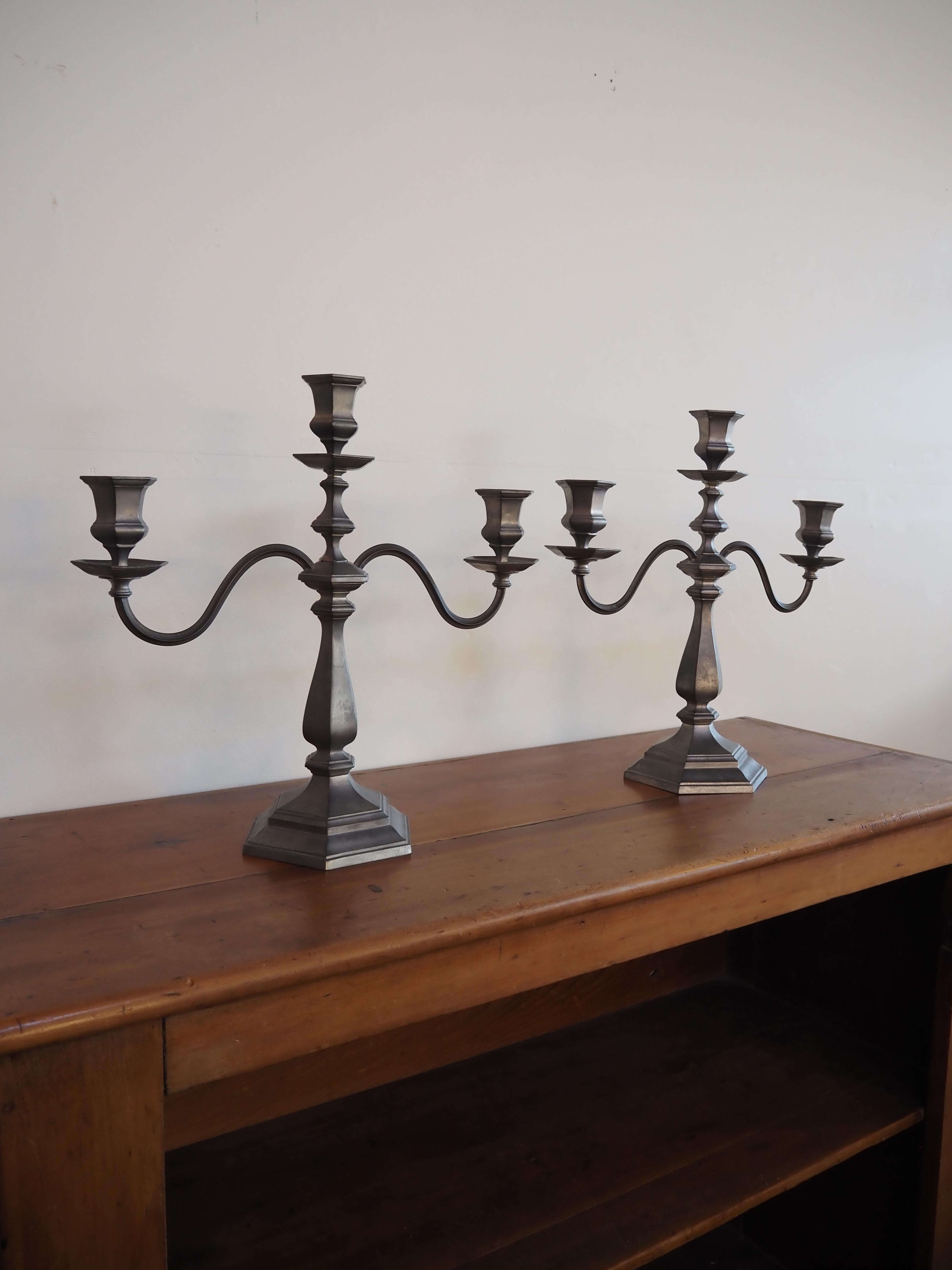 Reed & Barton Pewter 3 Arm Candelabras In Good Condition For Sale In Kansas City, MO