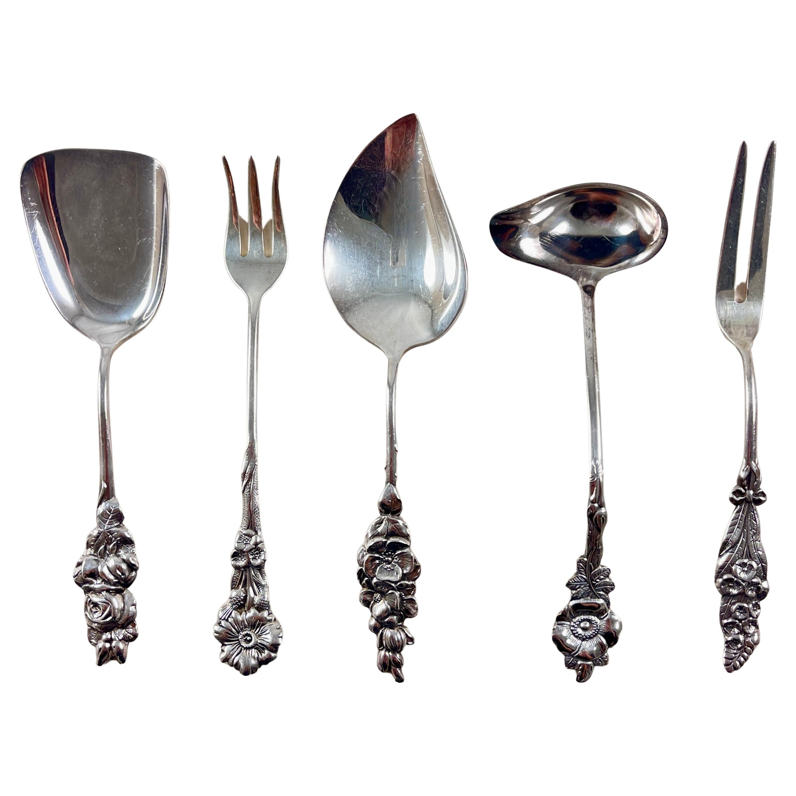 Reed & Barton Silver Plate Harlequin Rose Condiment Set, 5 pieces