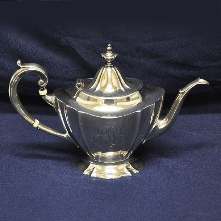 Reed & Barton sterling silver 6 piece coffee & tea set with kettle and serving tray. Over 6900 grams of sterling silver. Coffee pot, teapot, waste bowl, water kettle on stand and large large serving tray. Beautiful hand engraved monogram on each