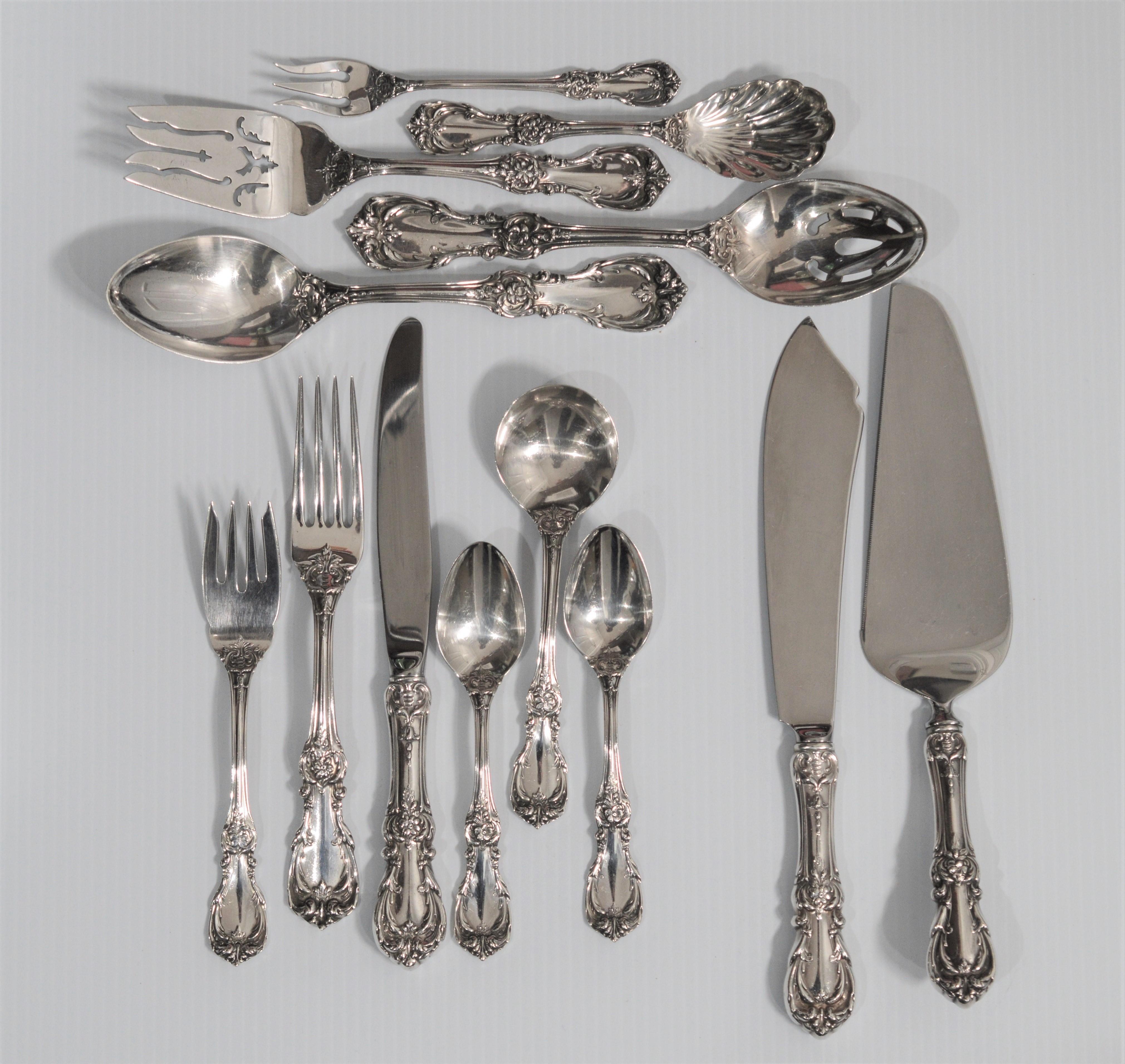 Reed & Barton Burgundy Sterling Silver 6 Piece Flatware Set - Service for 12 -plus seven matching serving utensils. ( Total 79 Pieces)
Each (6) piece place setting includes; One Salad Fork, One Dinner Fork, One Dinner Knife, One Soup Spoon and Two