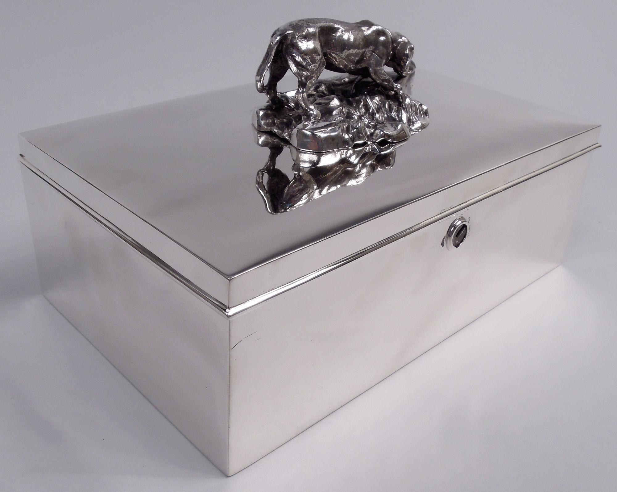 Modern Reed & Barton Sterling Silver Cigar Box with Hound Dog Finial For Sale