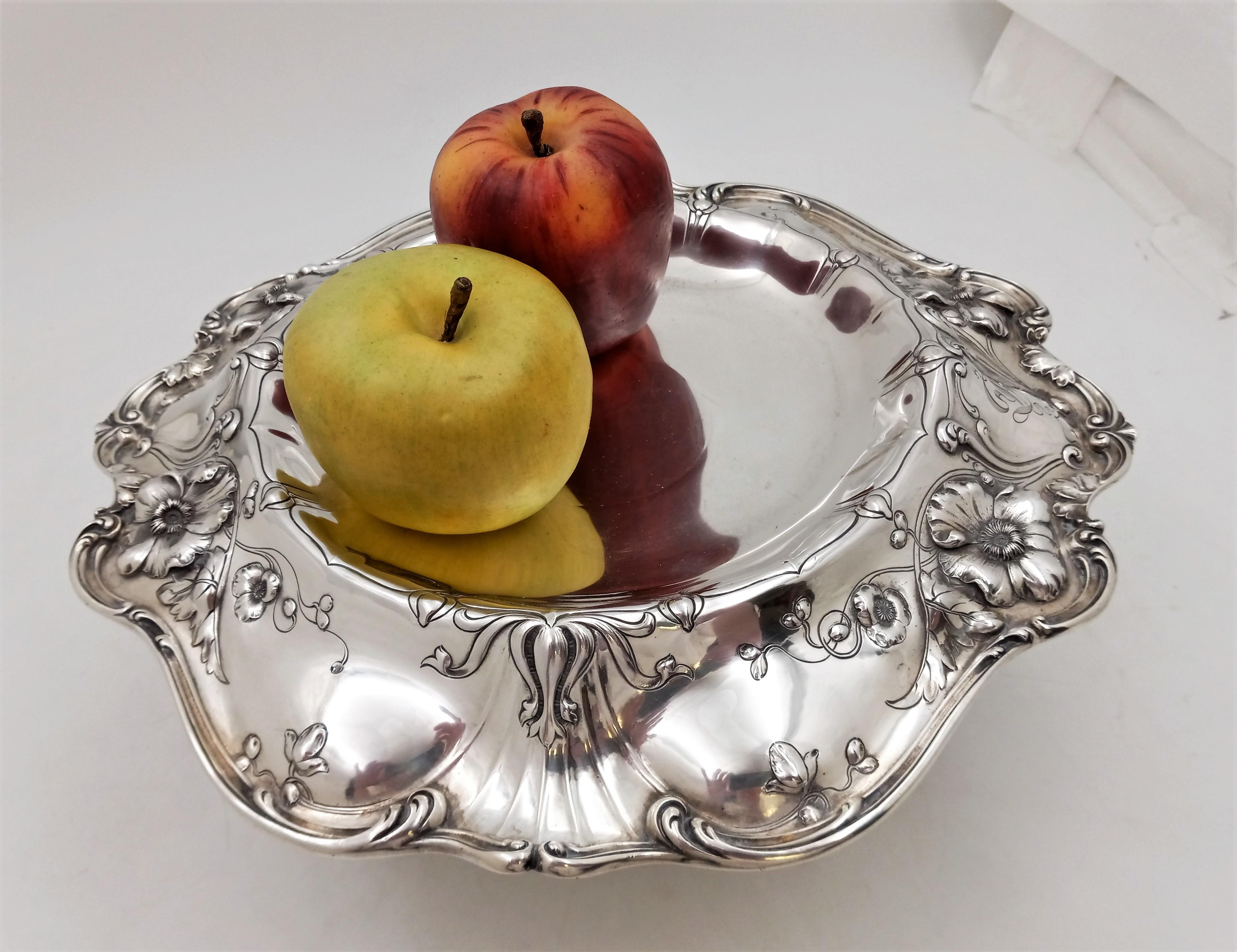 Reed & Barton sterling silver compote serving bowl in Art Nouveau style, possibly in Les Cinq Fleurs pattern. This elegant piece has a beautiful floral design. It measures 6