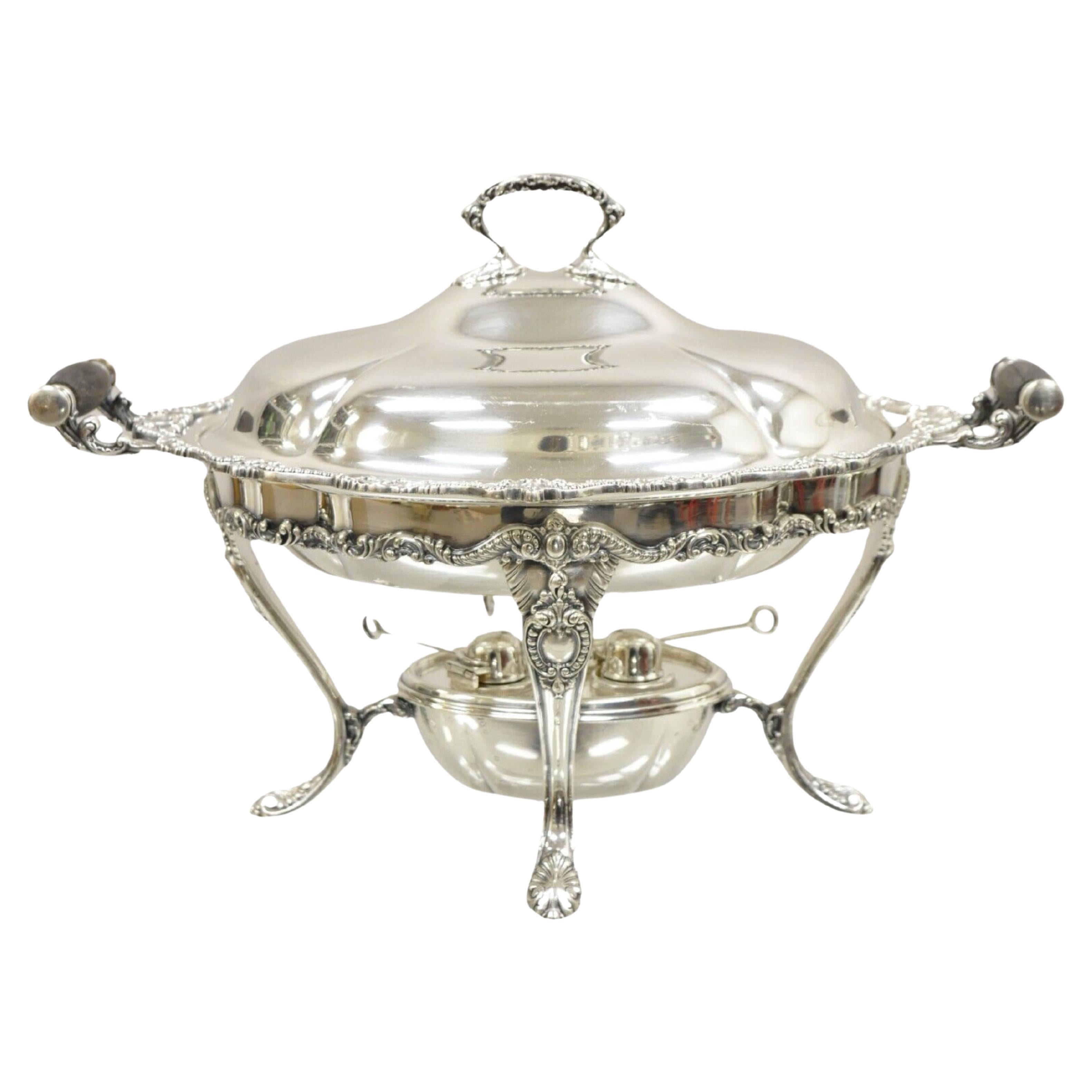 Reed & Barton Victorian Silver Plated Triple Burner Warming Serving Chafing Dish For Sale