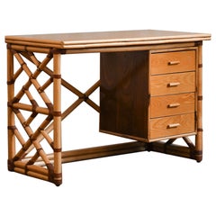 Reed desk with wooden shelf, drawers and leather bindings, by Gervasoni, 1970s