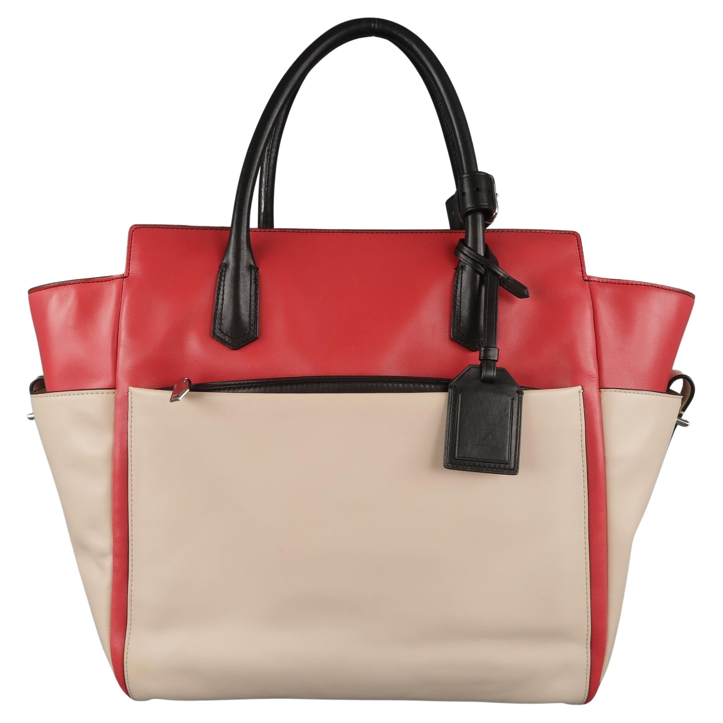 REED KRAKOFF Red Black & Light Pink Leather Tote Handbag For Sale