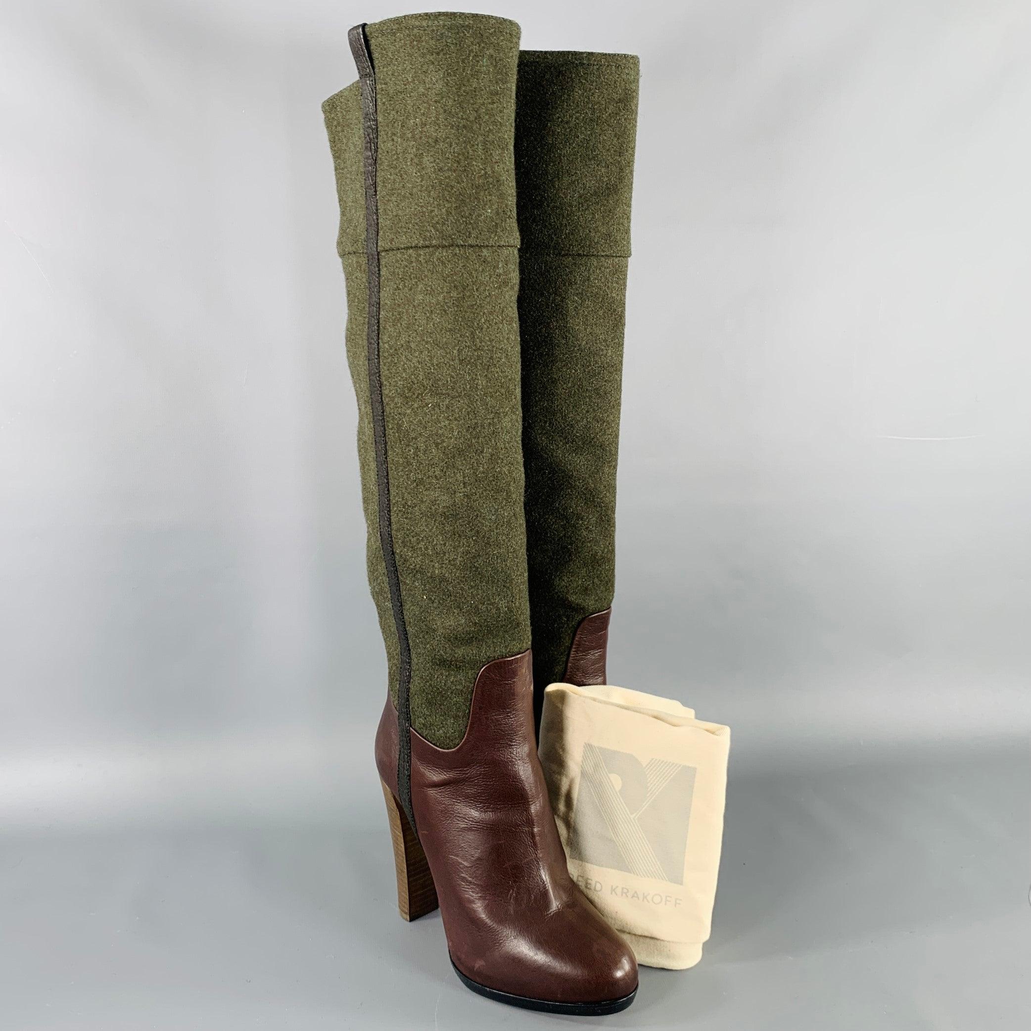 REED KRAKOFF Größe 6.5 Brown Dark Green Leder Pull On Stiefel im Angebot 2