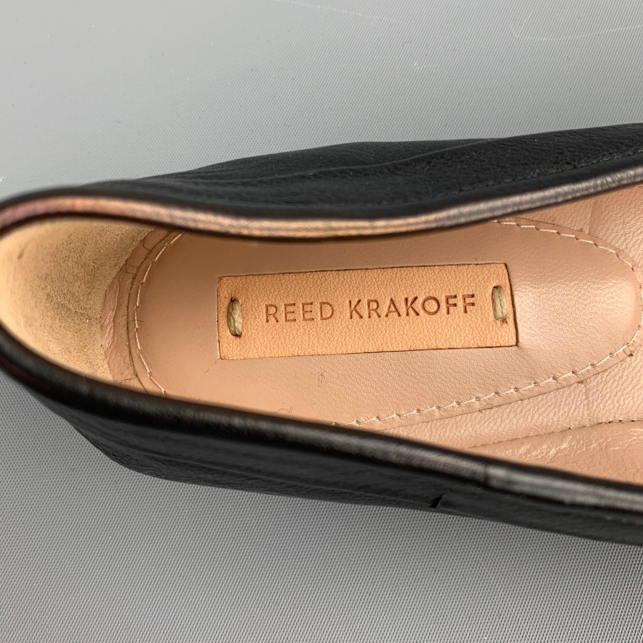 REED KRAKOFF Size 7.5 Black & Beige Two Tone Leather Cap Toe Flats For Sale 2