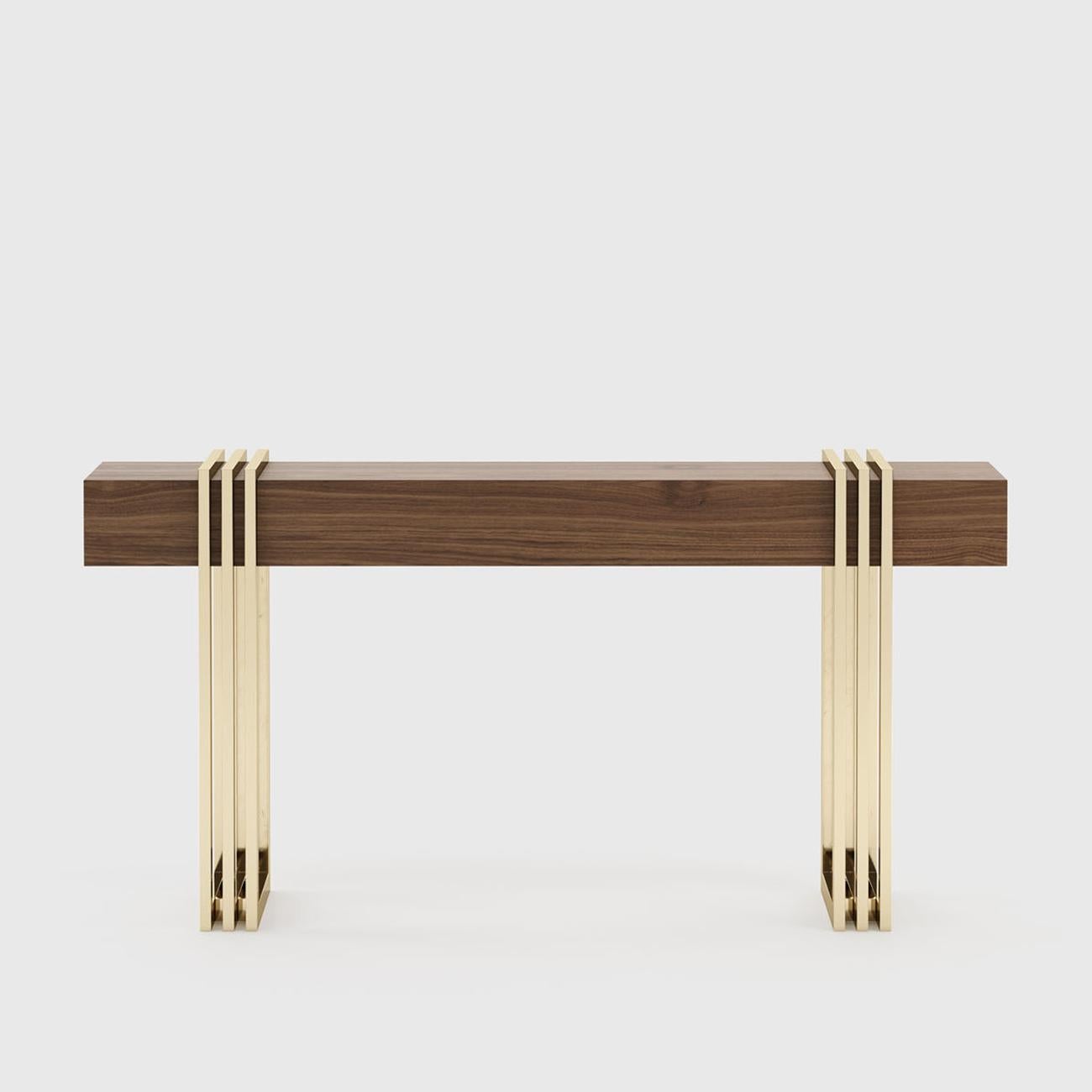 Console table reed walnut in walnut wood in matte finish.
With 1 drawer. Feet in polished stainless steel in gold finish.